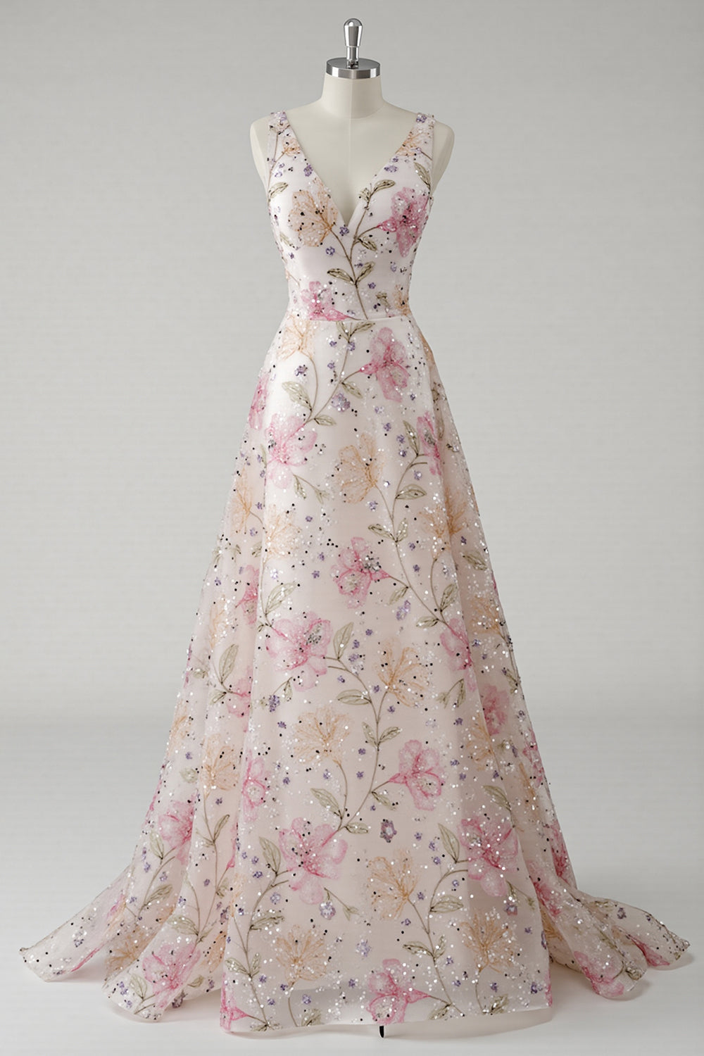 Sparkly Pink A Line Floral V Neck Long Prom Dress