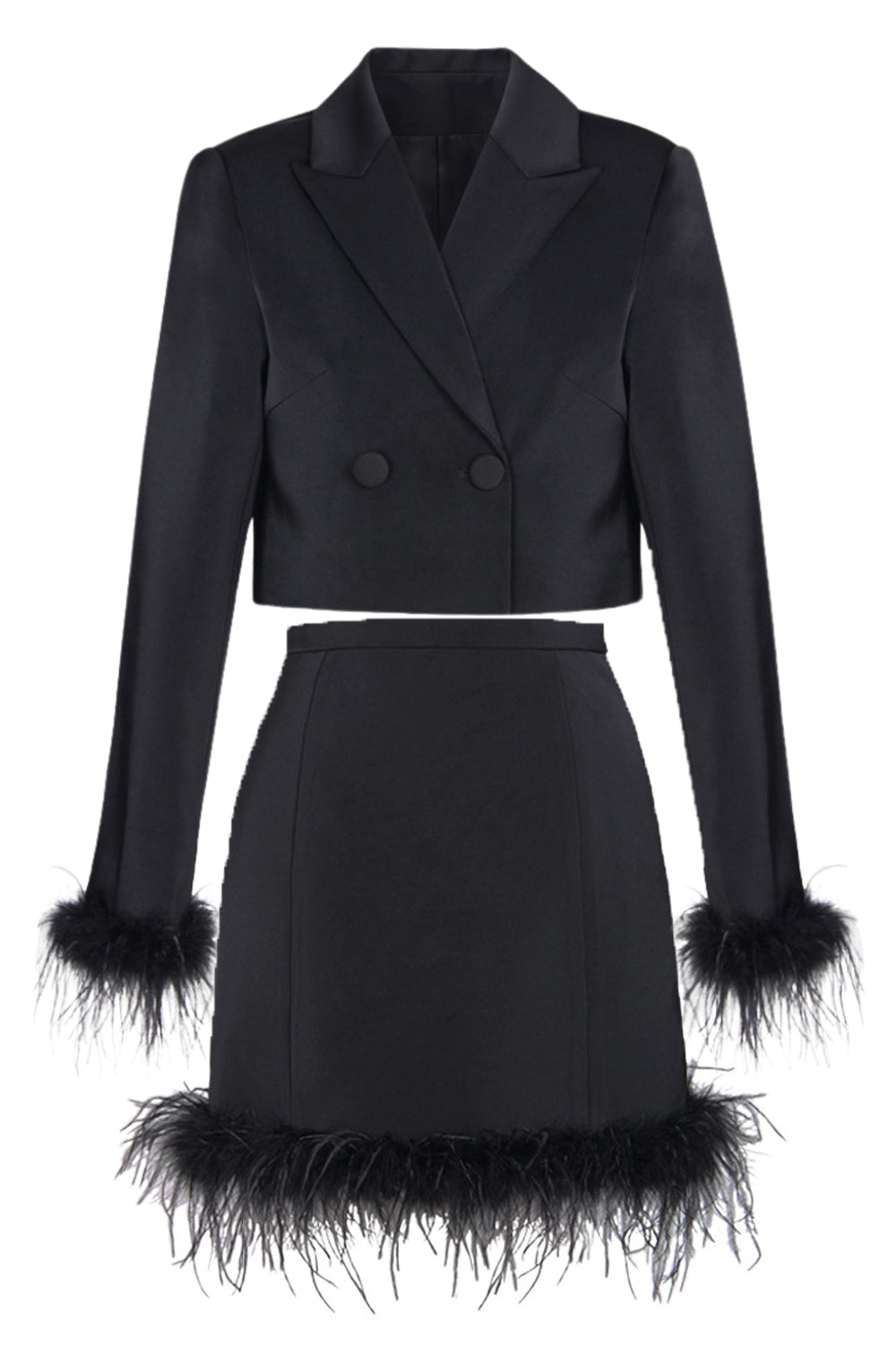 Black 2-Piece Peak Lapel Short Women Prom Suits with Feather - Fashionpara