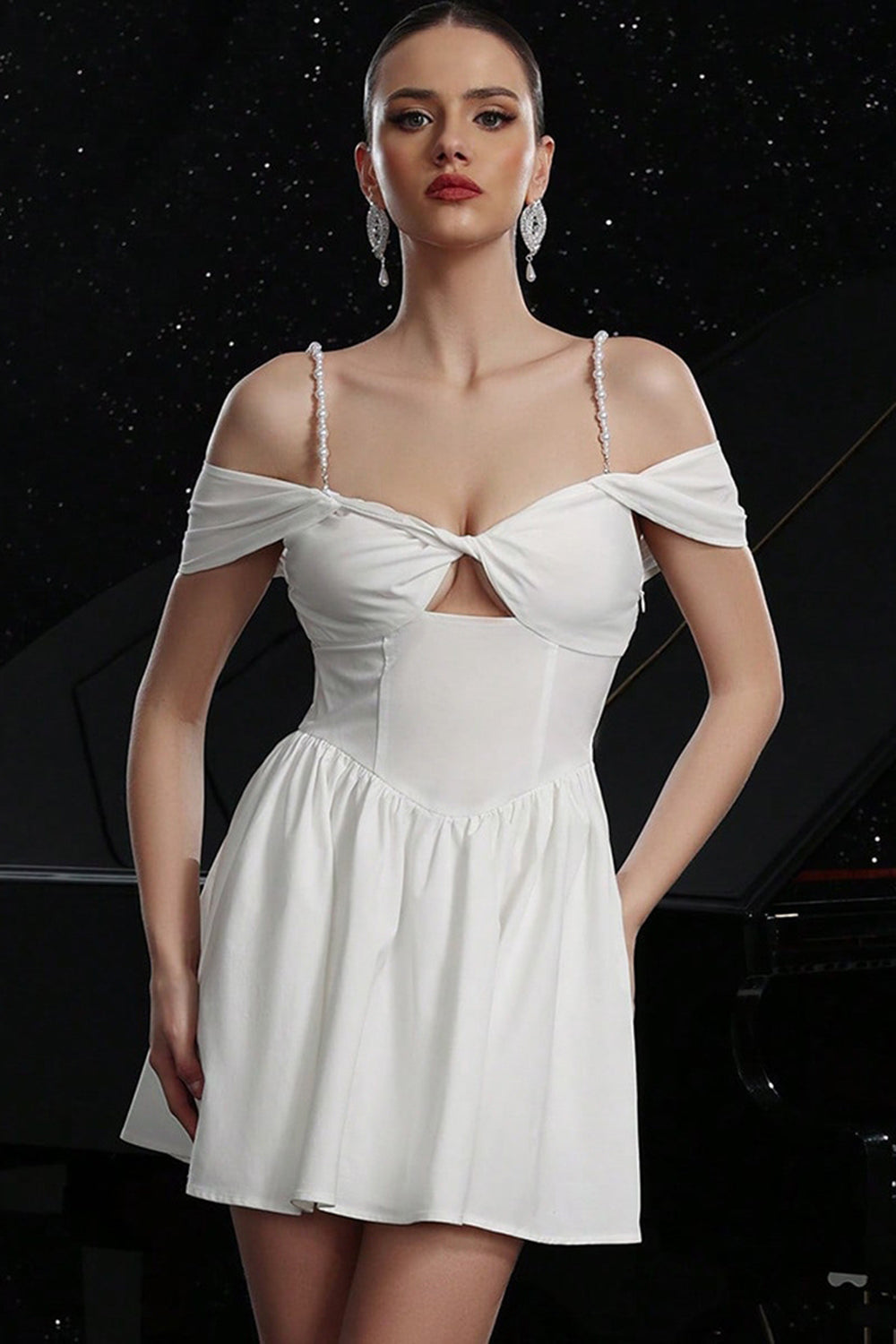 White Cold Shoulder A Line Keyhole Graduation Dress - Fashionpara