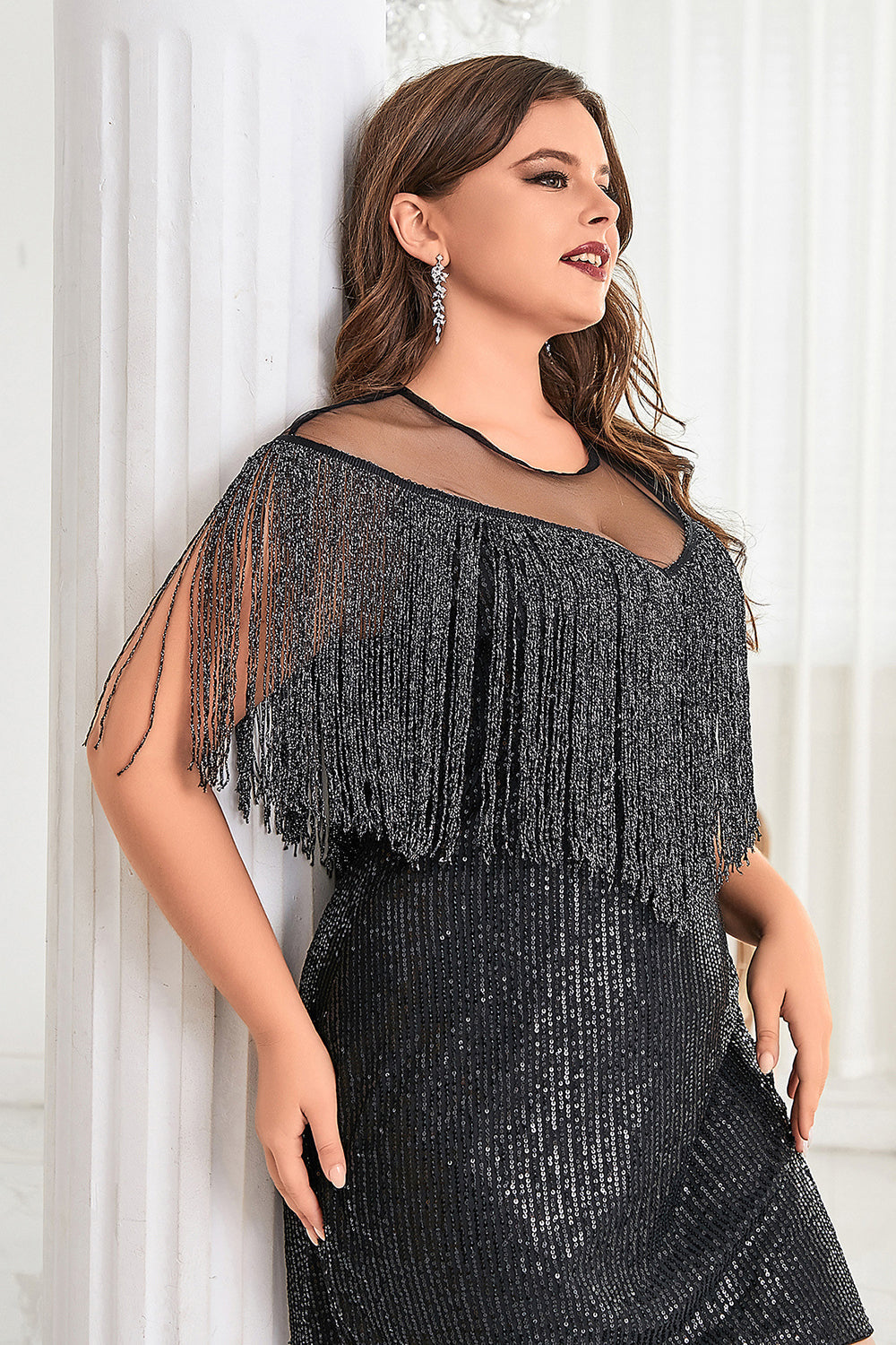 Sparkly Black Illusion Neck Sequins Short Plus Size Homecoming Dress with Fringes