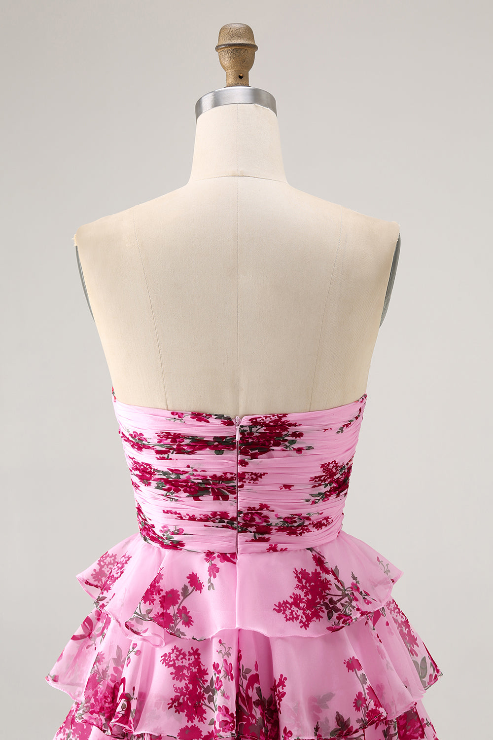 Pink Flower A Line Tiered Ruffled Short Homecoming Dress with Bow