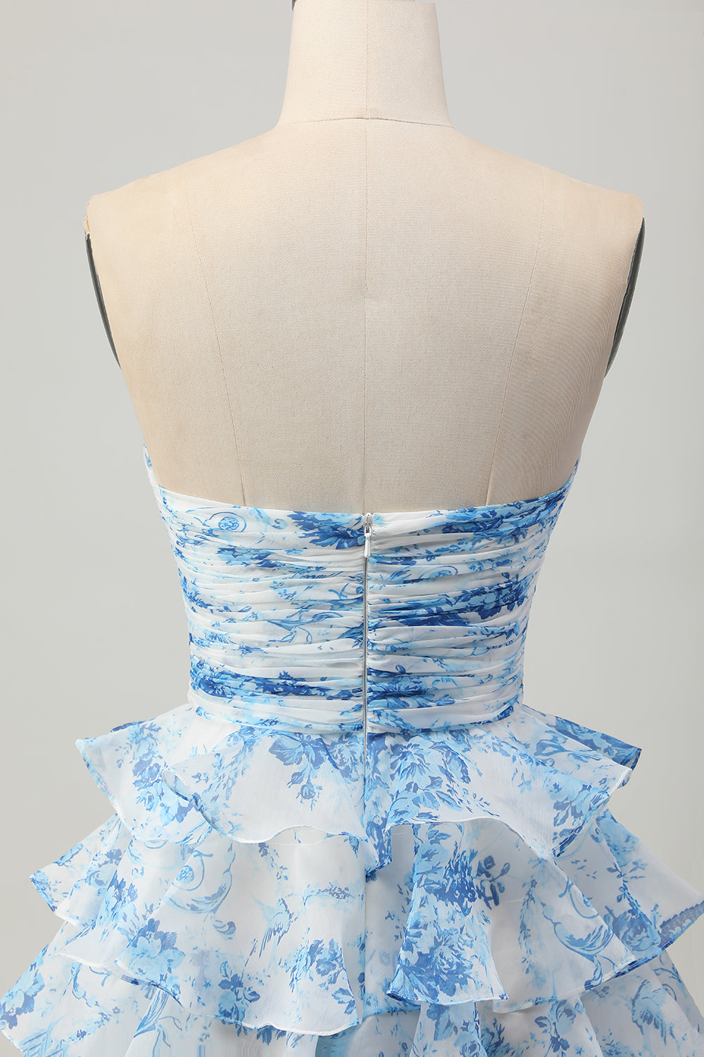 White and Blue Floral Ruffled Strapless Short Homecoming Dress with Bow