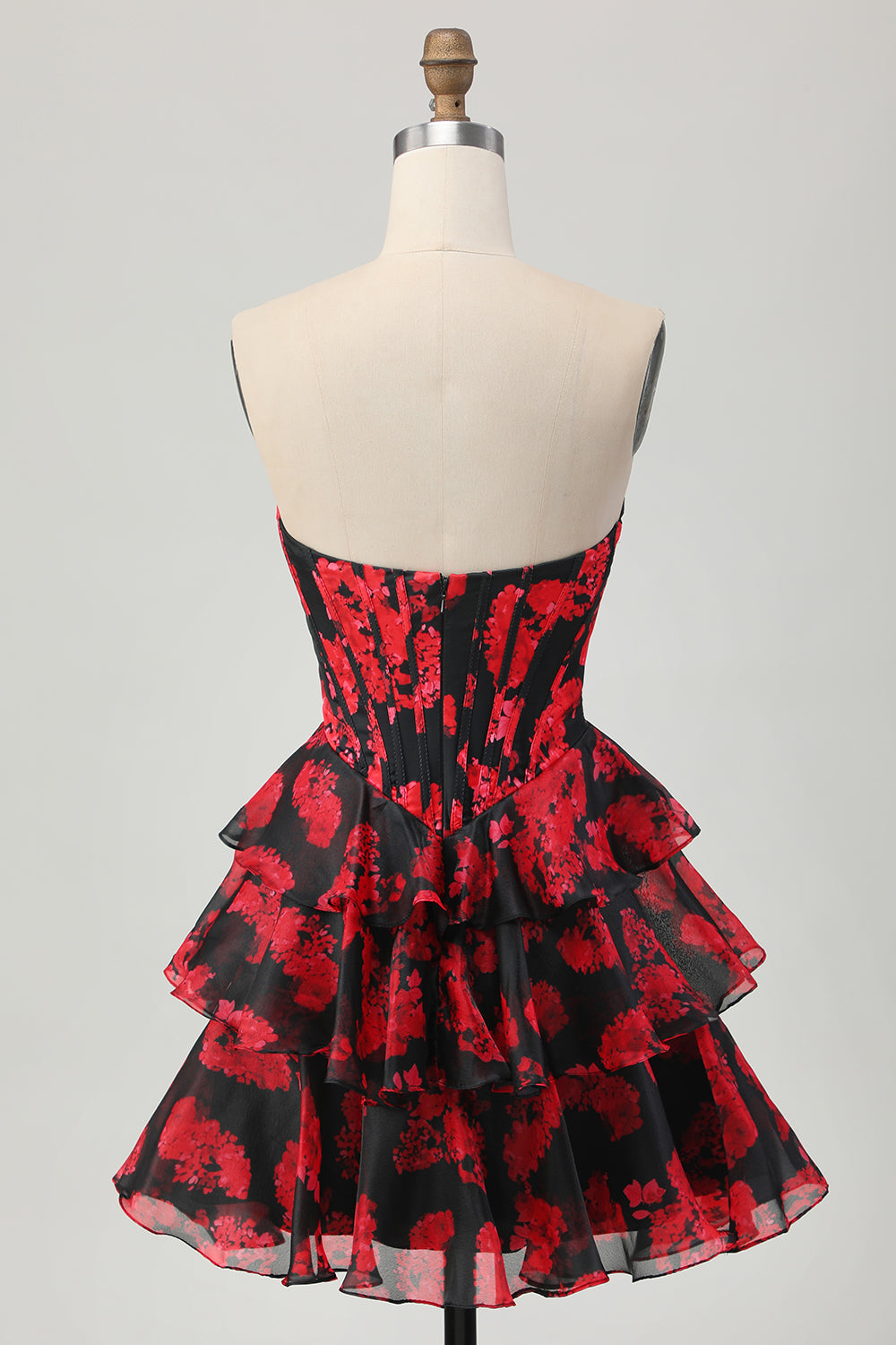 Black and Red Corset Sweetheart Floral Short Homecoming Dress with Ruffles