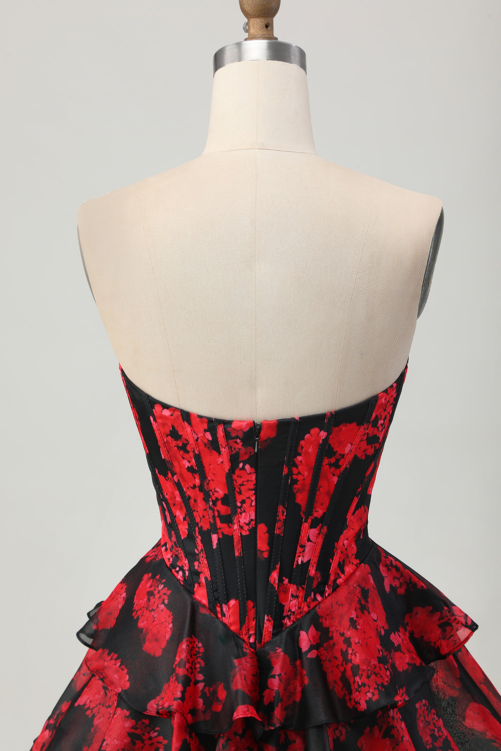 Black and Red Corset Sweetheart Floral Short Homecoming Dress with Ruffles