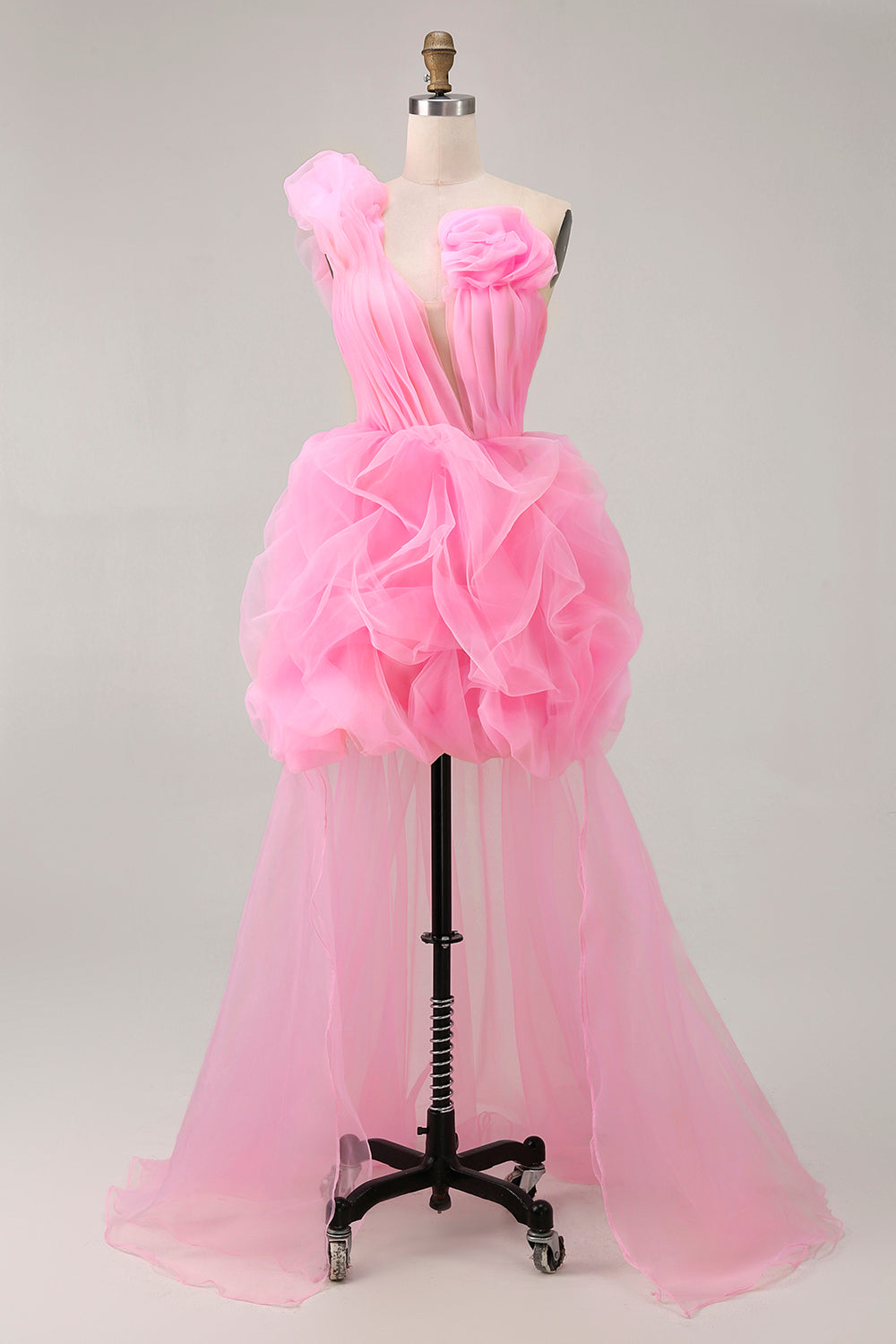 Hot Pink One Shoulder Ruffled Floral Tulle High-Low Homecoming Dress