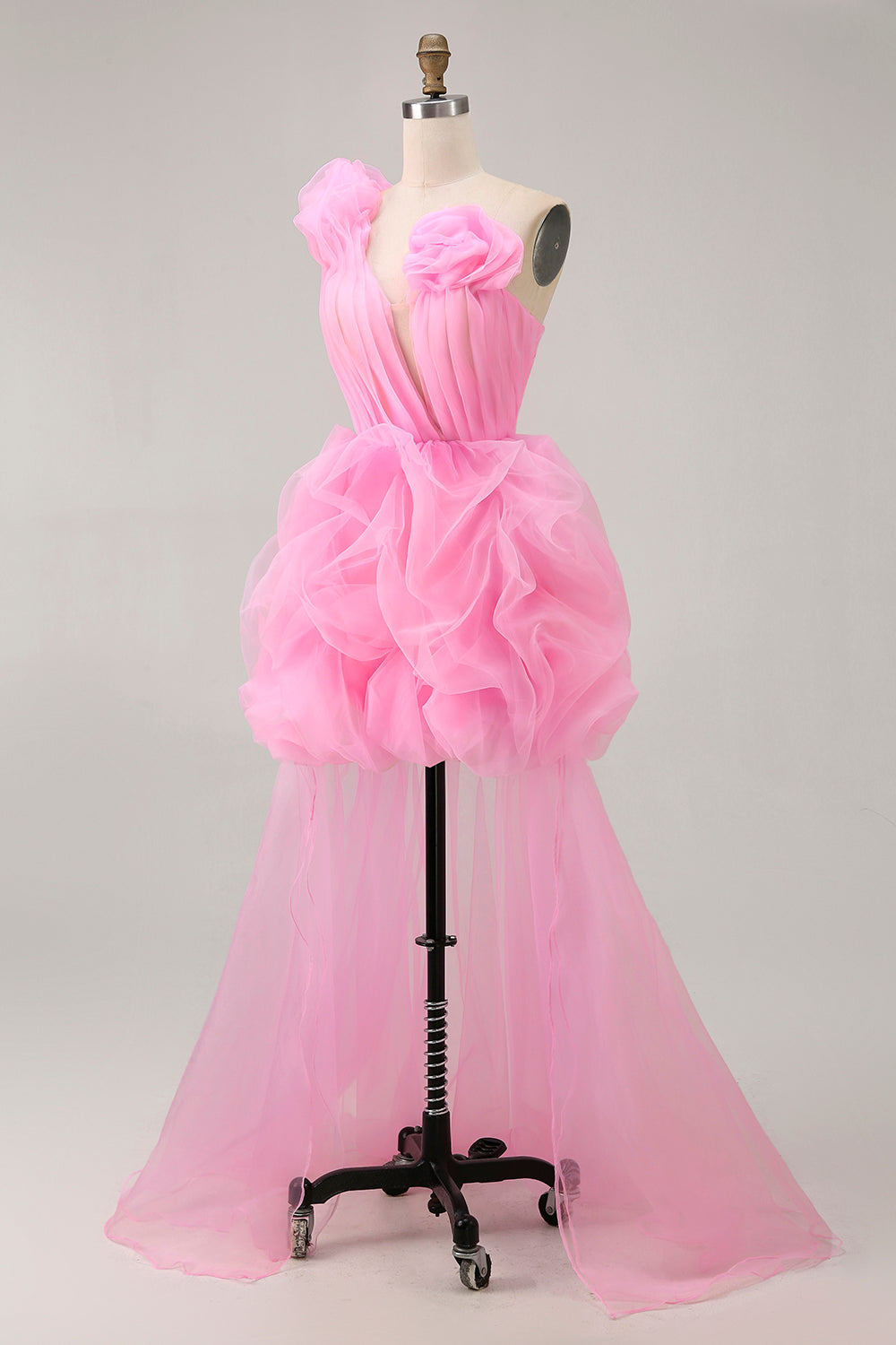 Hot Pink One Shoulder Ruffled Floral Tulle High-Low Homecoming Dress