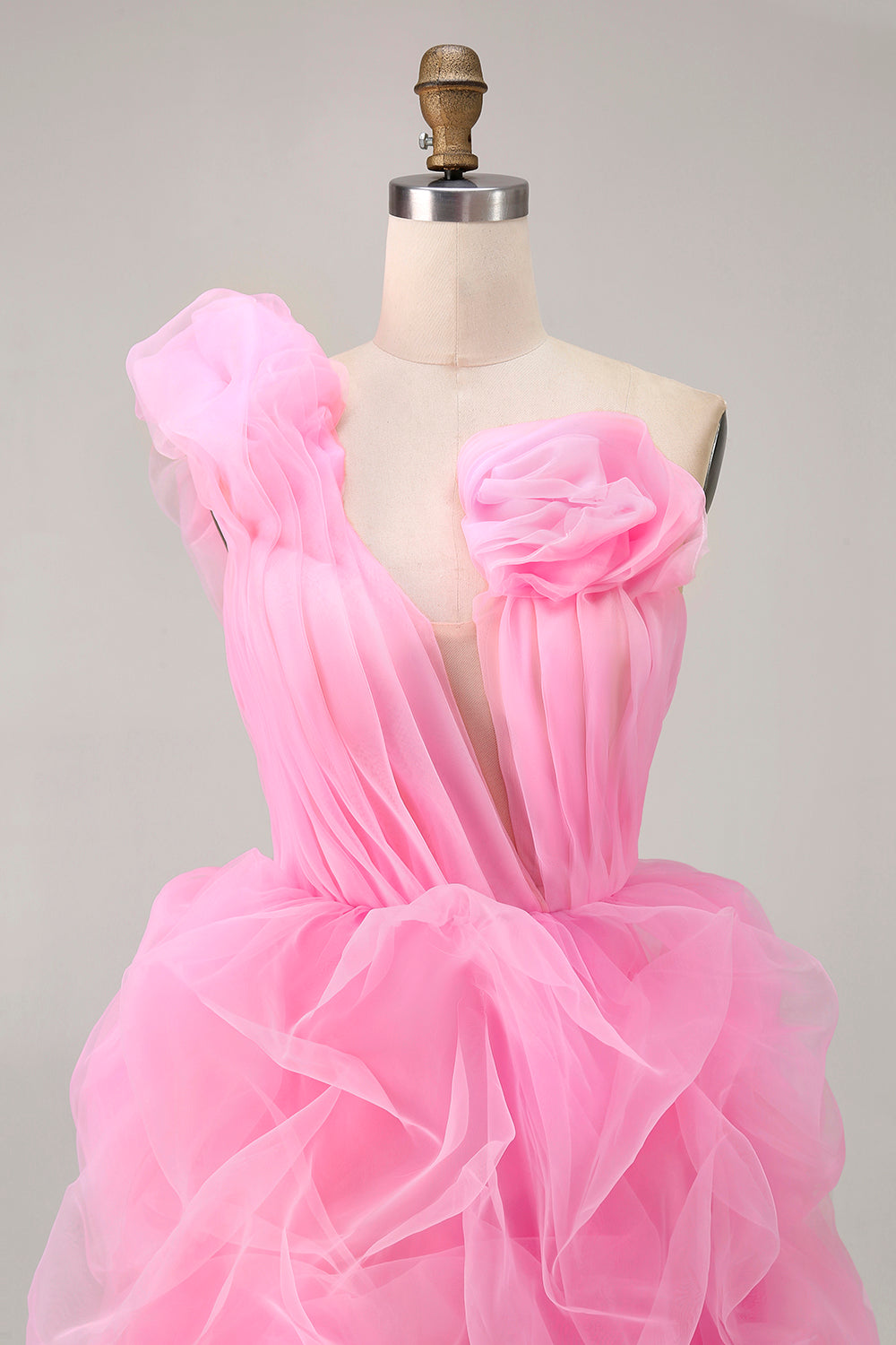 Hot Pink One Shoulder Ruffled Floral Tulle High-Low Homecoming Dress