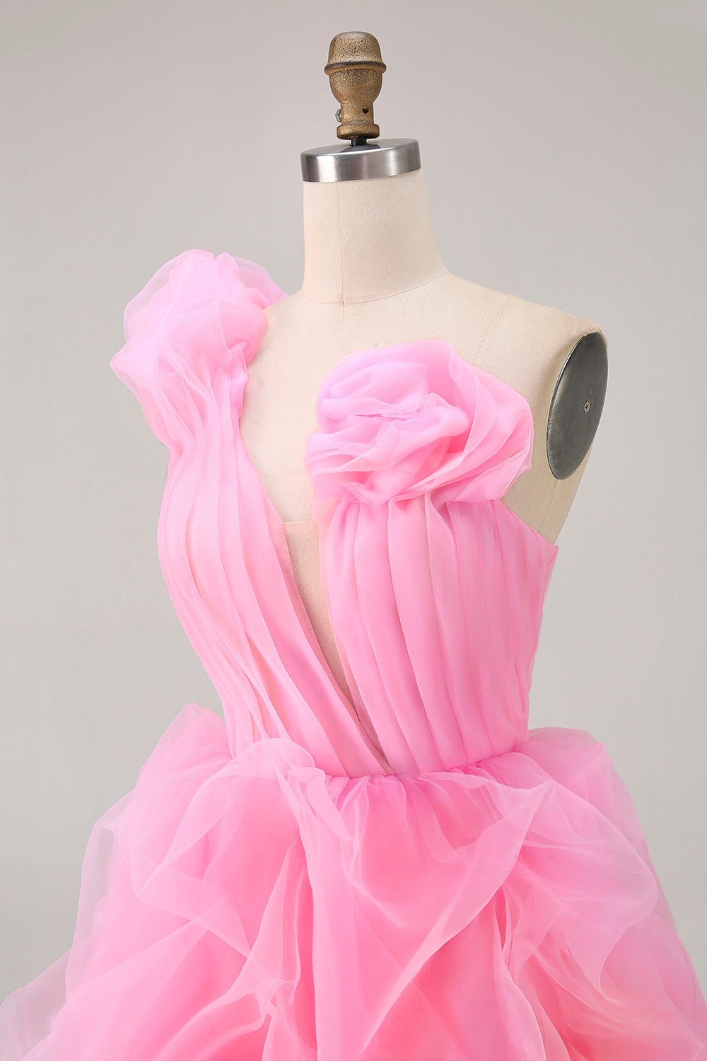 Hot Pink One Shoulder Ruffled Floral Tulle High-Low Homecoming Dress