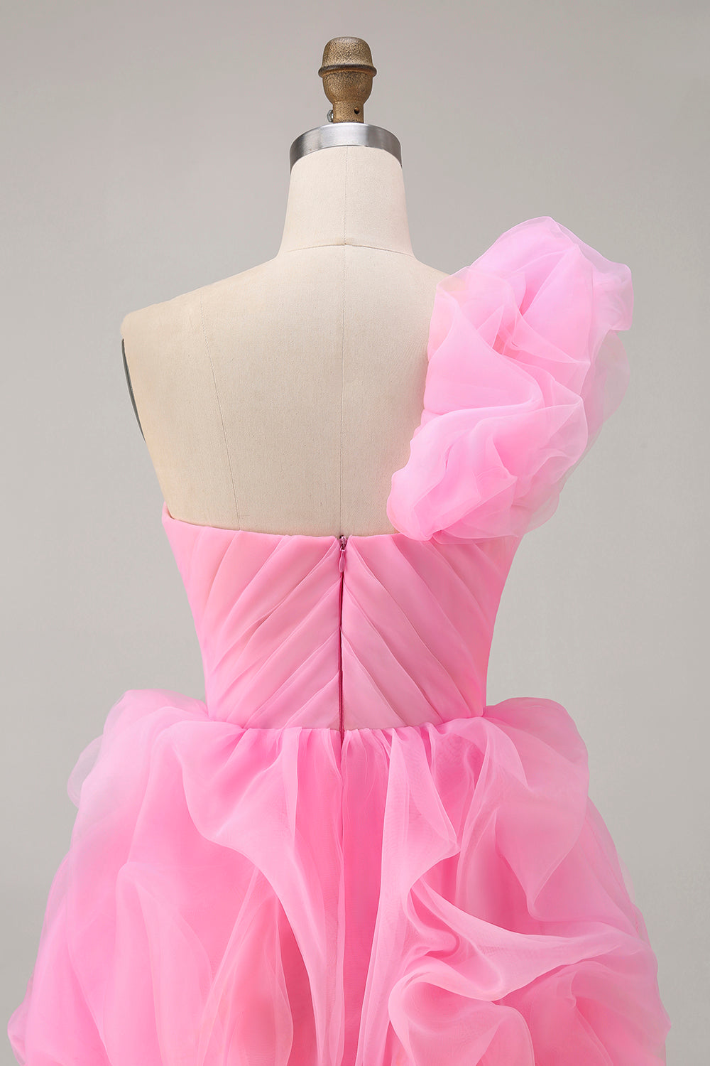 Hot Pink One Shoulder Ruffled Floral Tulle High-Low Homecoming Dress