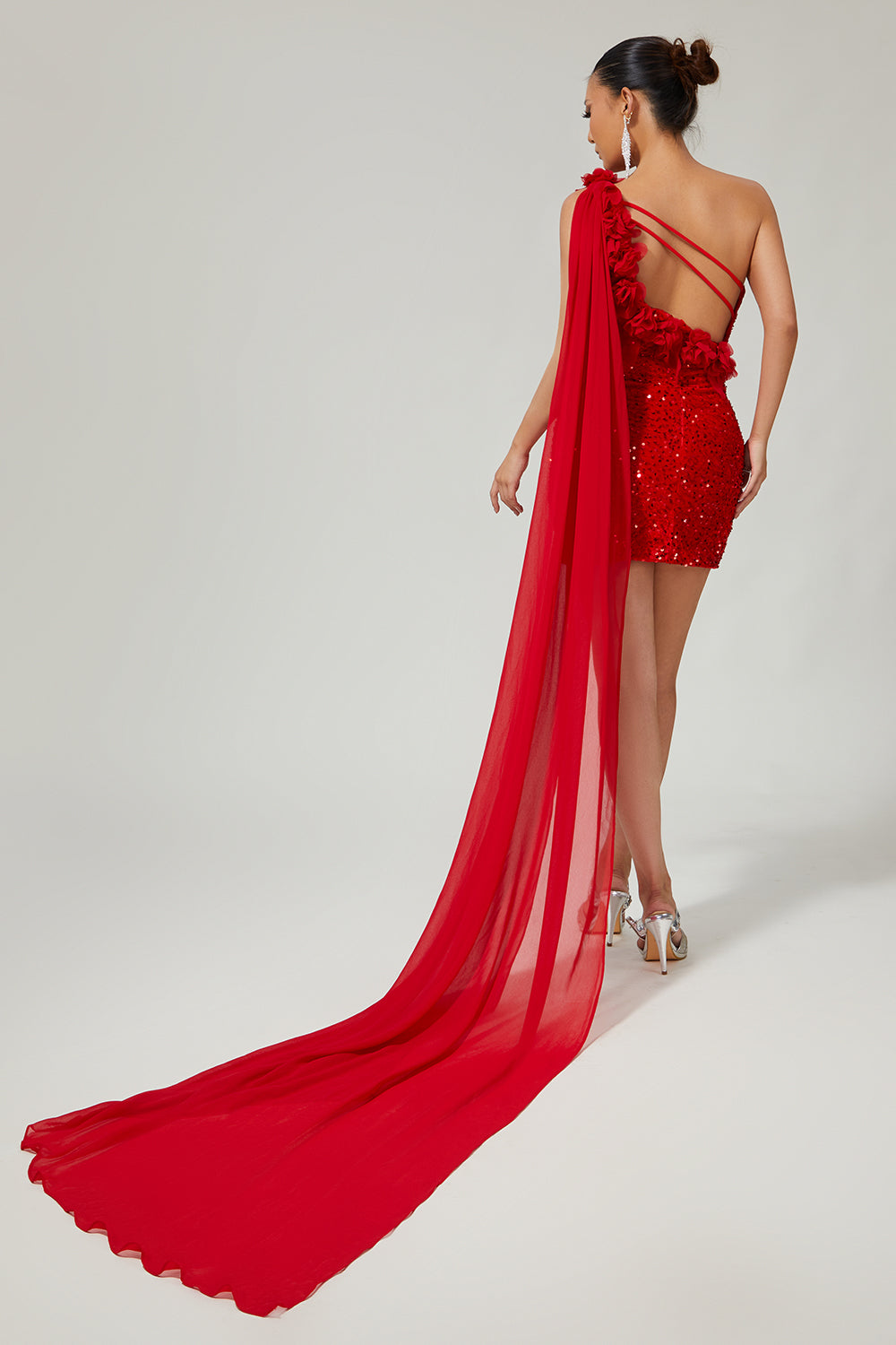 Sparkly Red One Shoulder Short Homecoming Dress with 3D Flowers