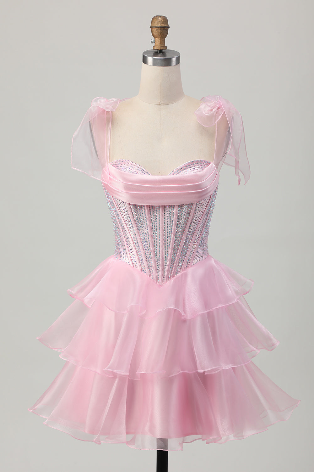 Sparkly Pink Corset Short Homecoming Dress with Beading Ruched Tiered Organza A Line Cocktail Dress with Ruffles