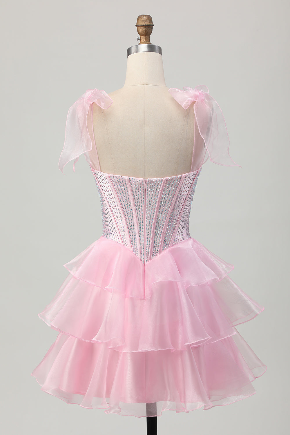 Sparkly Pink Corset Ruched Tiered Short Homecoming Dress with Beading
