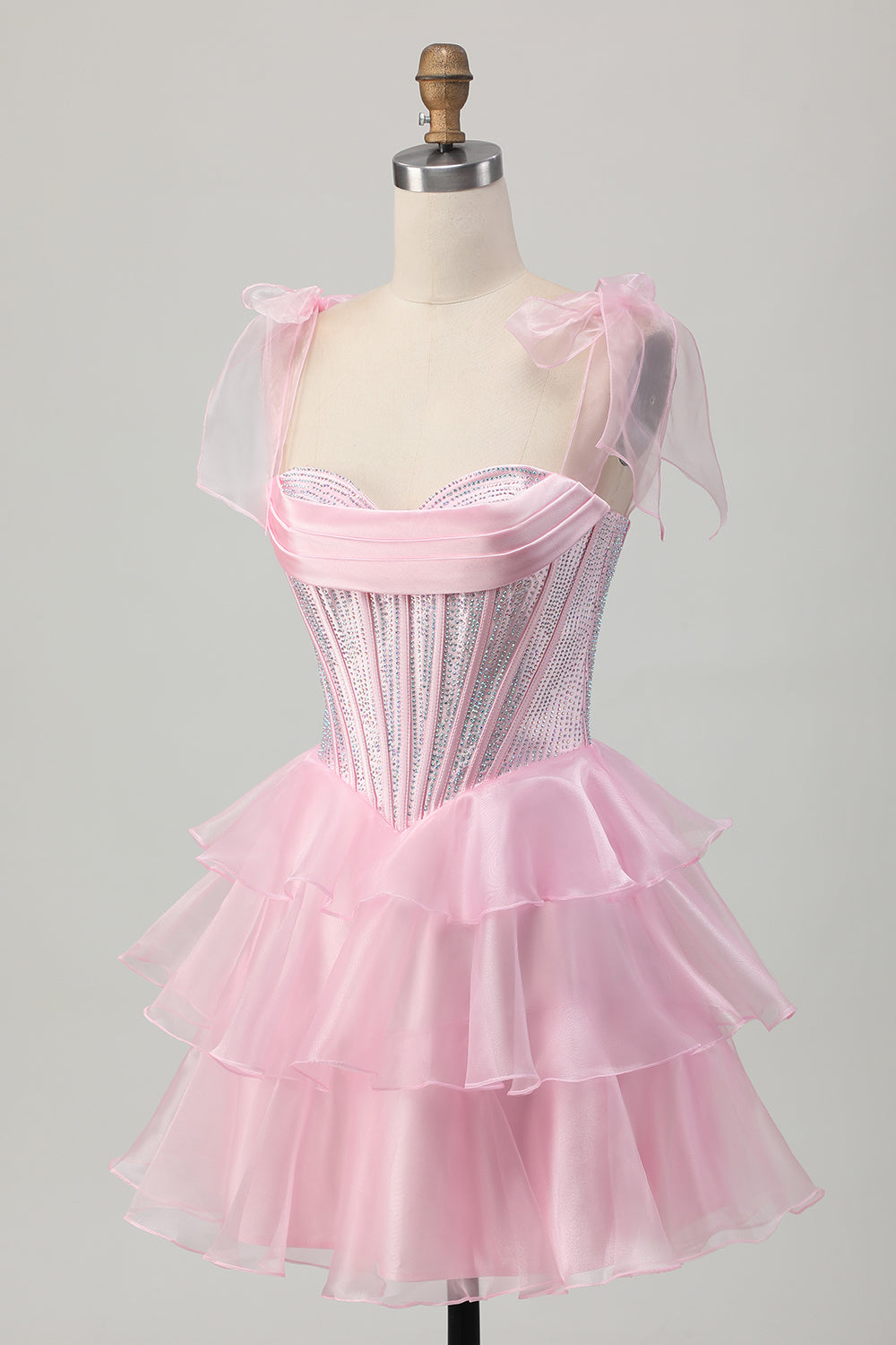 Sparkly Pink Corset Ruched Tiered Short Homecoming Dress with Beading