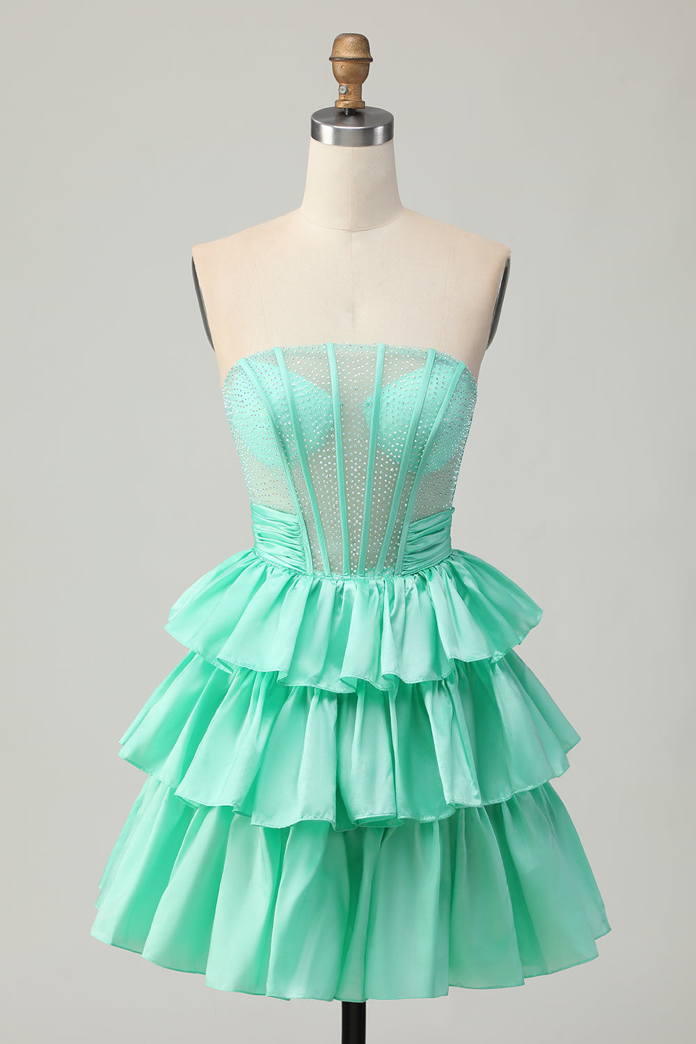 Sparkly Green Corset Ruffled Strapless Short Homecoming Dress with Bow