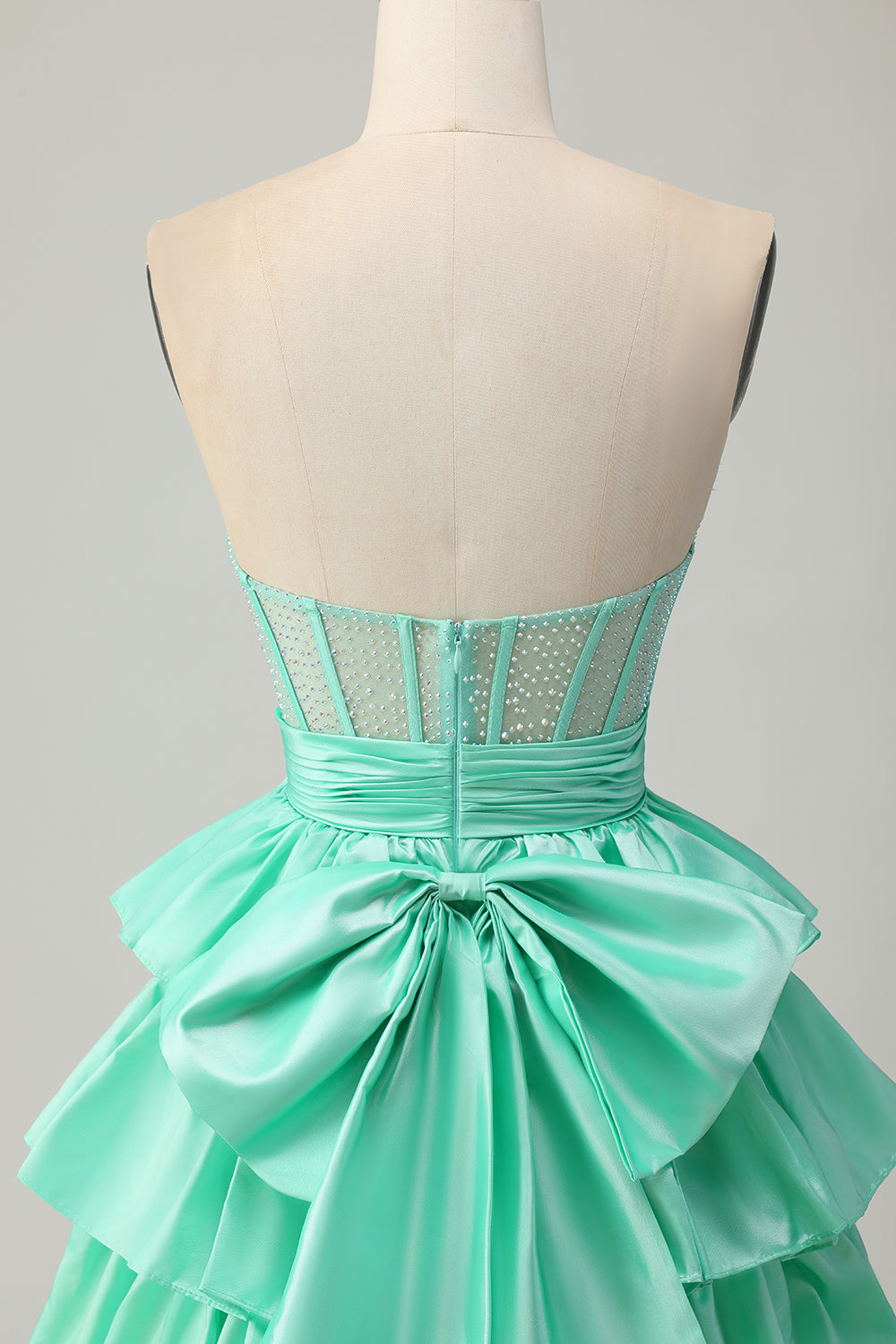 Sparkly Green Corset Ruffled Strapless Short Homecoming Dress with Bow