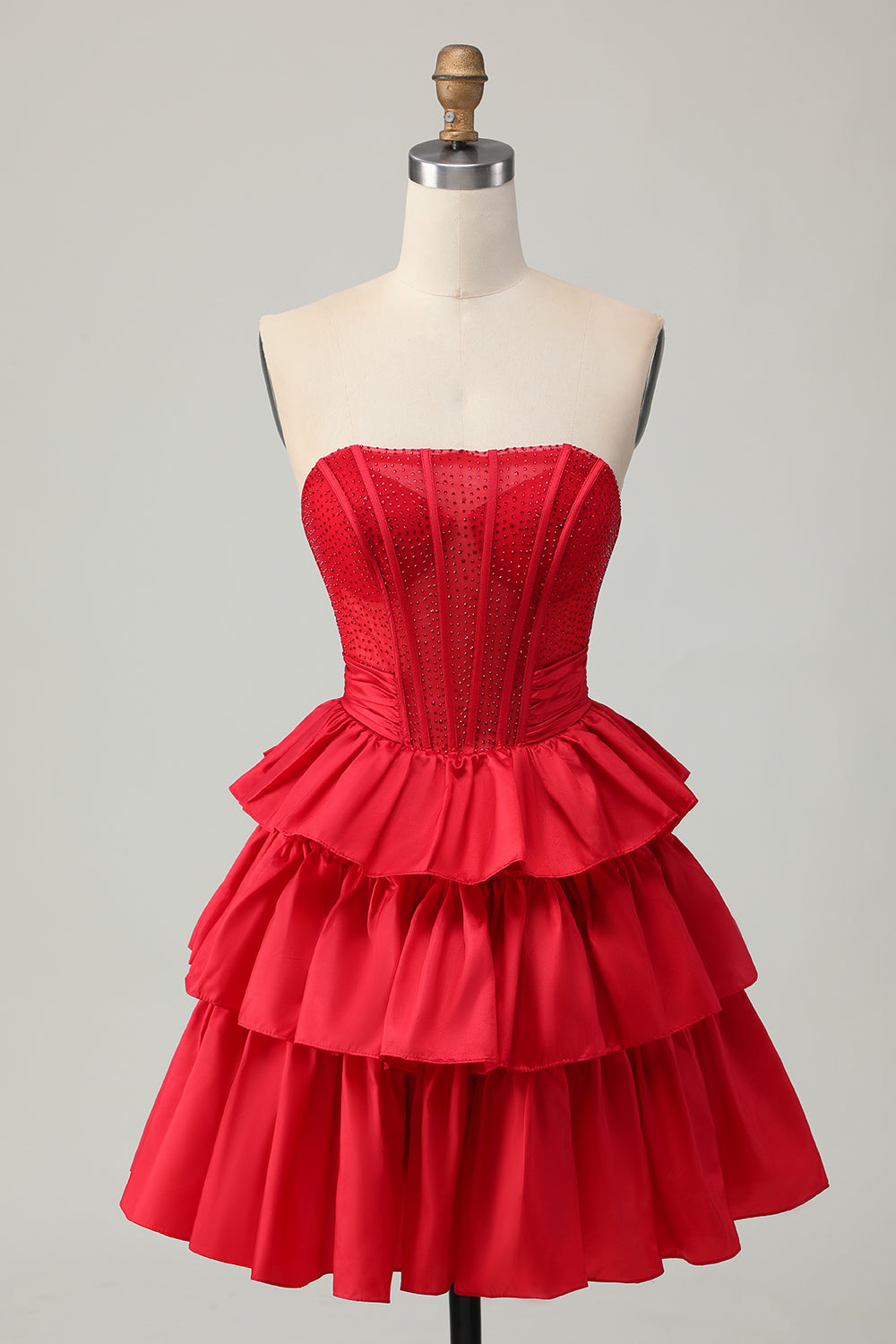 Sparkly Red Ruffled Corset Strapless Short Homecoming Dress with Bow
