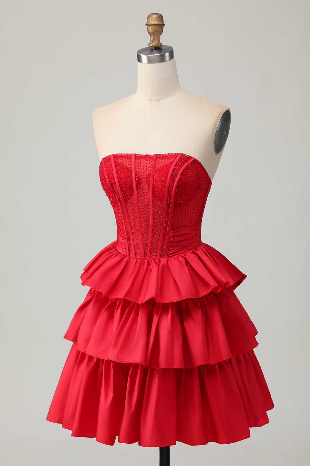 Sparkly Red Ruffled Corset Strapless Short Homecoming Dress with Bow