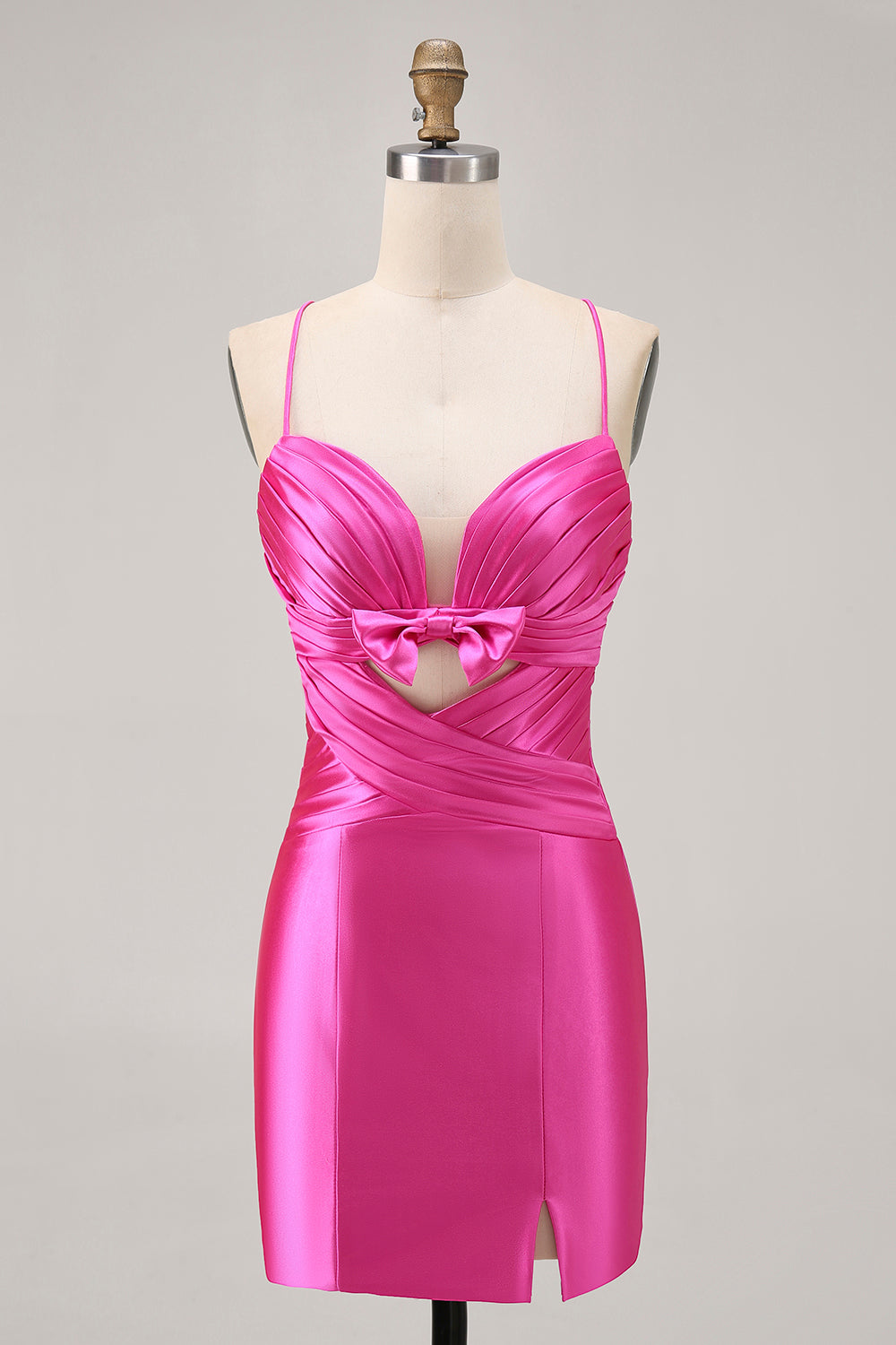 Fuchsia Tight Satin Short Keyhole Homecoming Dress with Bow