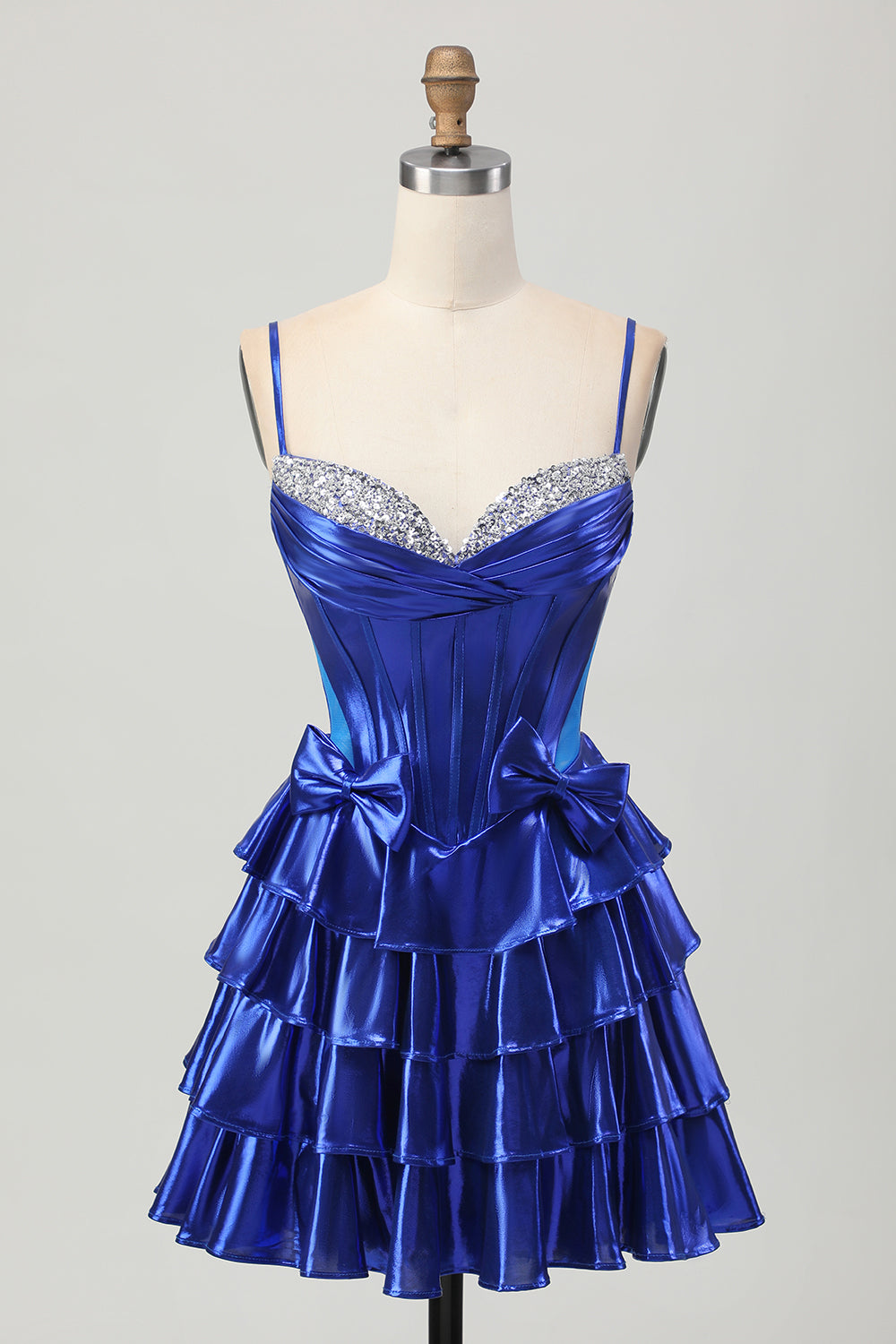 Zapakasa Women Sparkly Royal Blue Corset Ruffled Metallic Short Homecoming Dress with Bows A Line Tiered Ruched Spaghetti Straps Cocktail Dress with Rhinestones