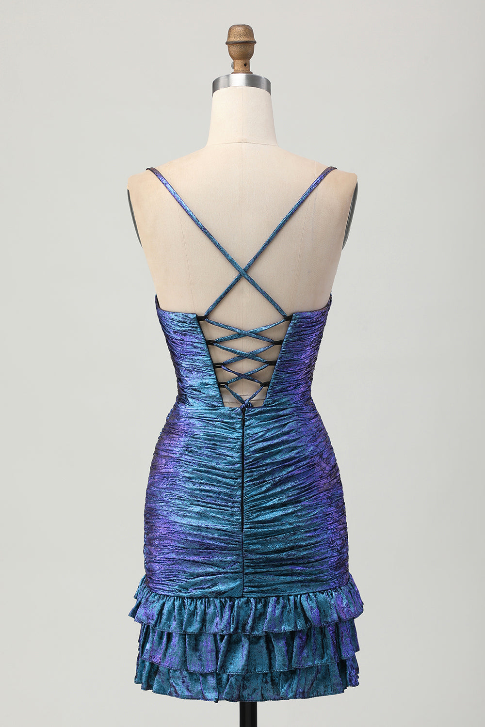 Sparkly Blue and Purple Metallic Floral Tight Short Homecoming Dress with Ruffles