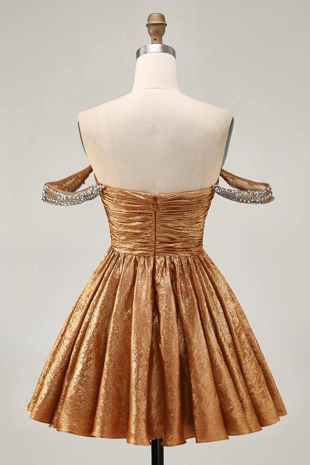 Sparkly Golden Metallic Off the Shoulder A Line Short Homecoming Dress