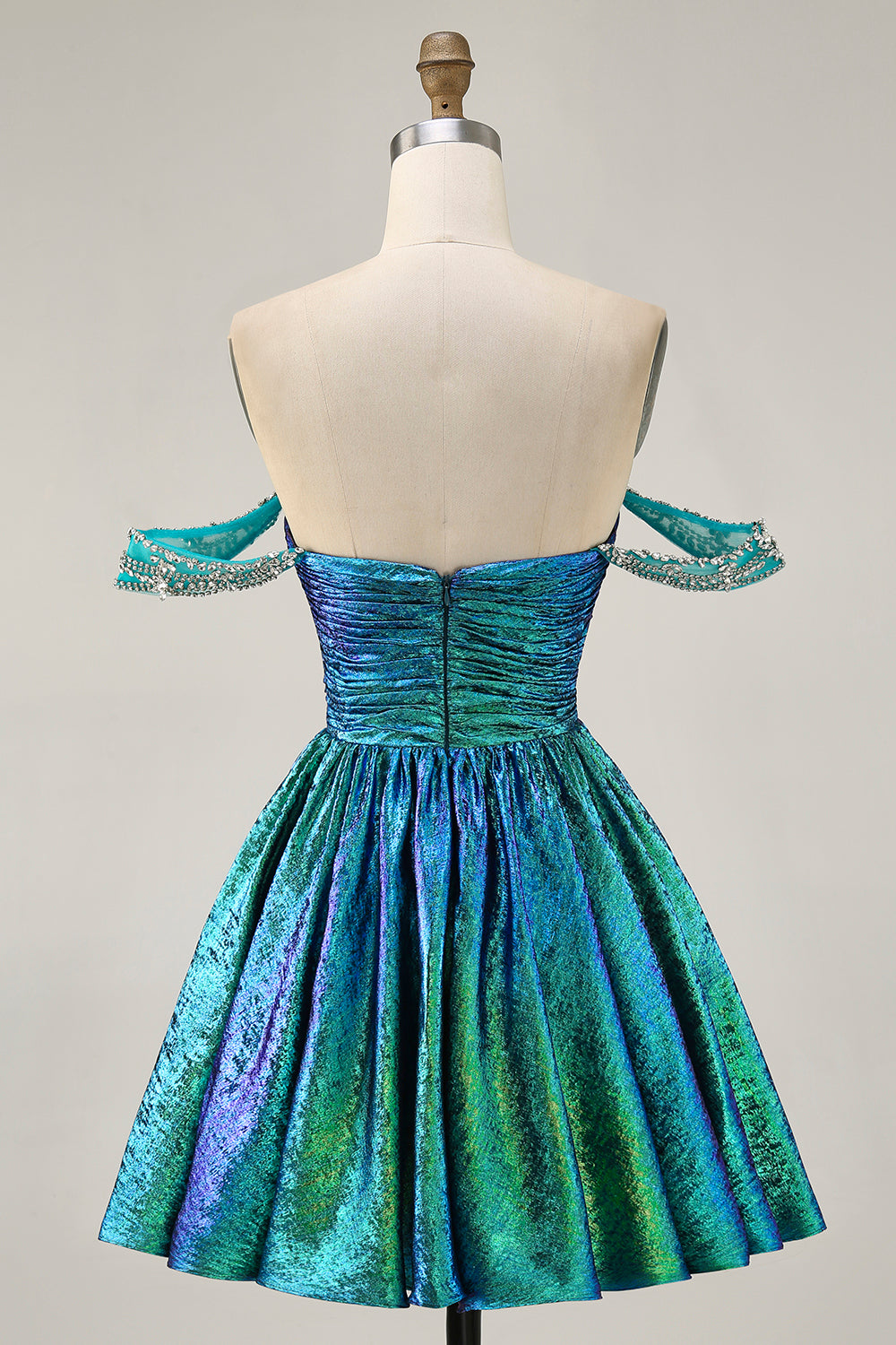 Sparkly Green Metallic A Line Off the Shoulder Short Homecoming Dress