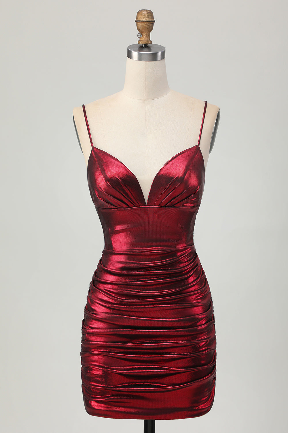 Burgundy Tight Ruched Spaghetti Straps Short Metallic Homecoming Dress