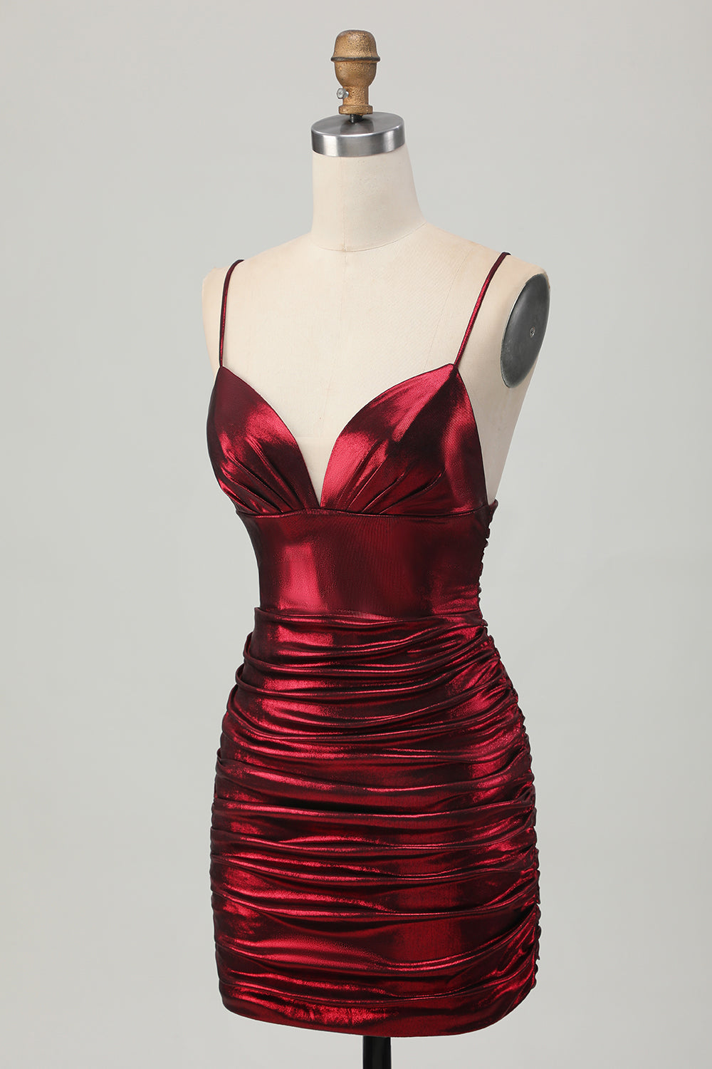 Burgundy Tight Ruched Spaghetti Straps Short Metallic Homecoming Dress