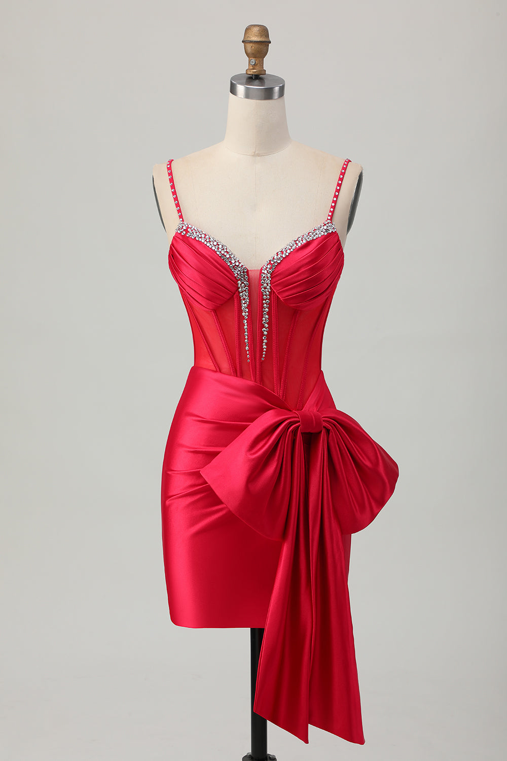 Sparkly Red Tight Beaded Corset Short Homecoming Dress with Bow