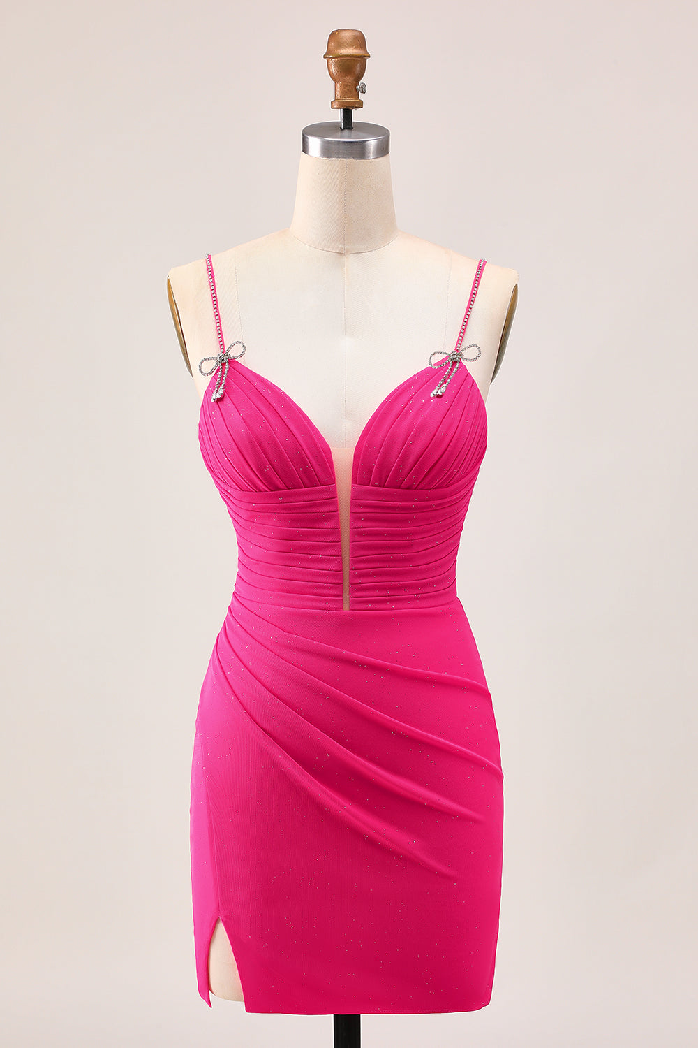 Sparkly Fuchsia Spaghetti Straps Tight Short Homecoming Dress with Beading