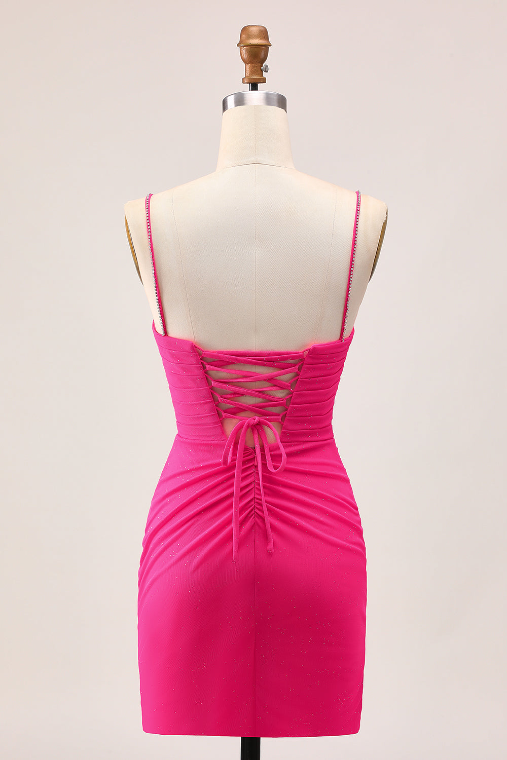 Sparkly Fuchsia Spaghetti Straps Tight Short Homecoming Dress with Beading
