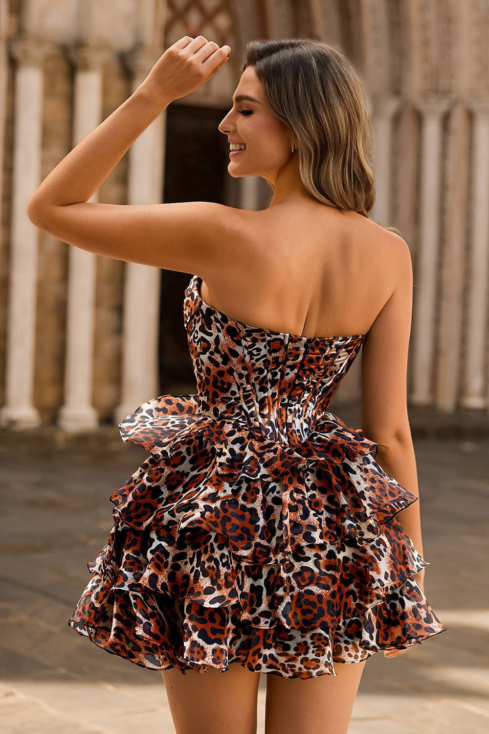 Khaki Leopard Print Corset Strapless Short Homecoming Dress with Ruffles