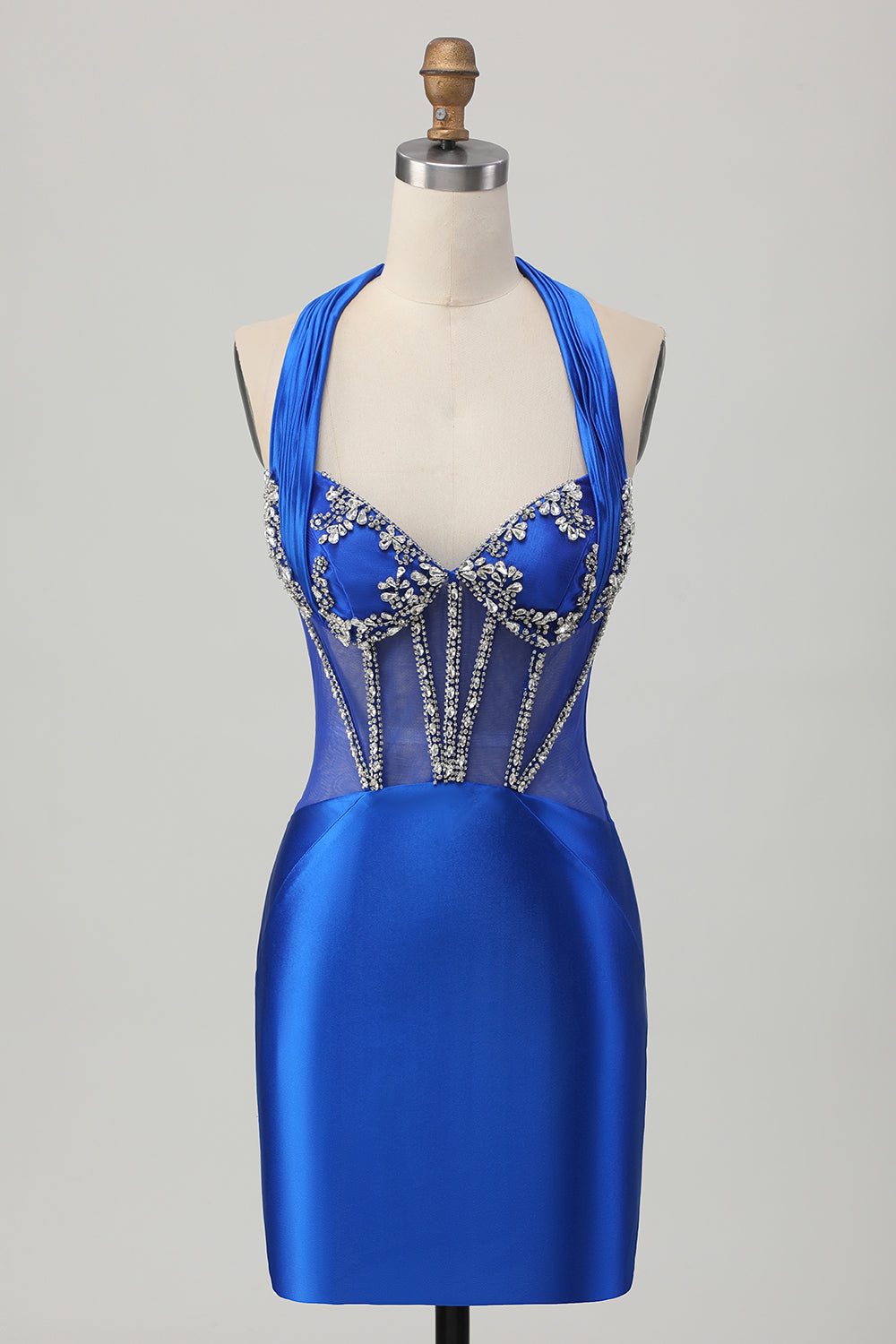 Sparkly Royal Blue Corset Halter Tight Short Homecoming Dress with Rhinestones