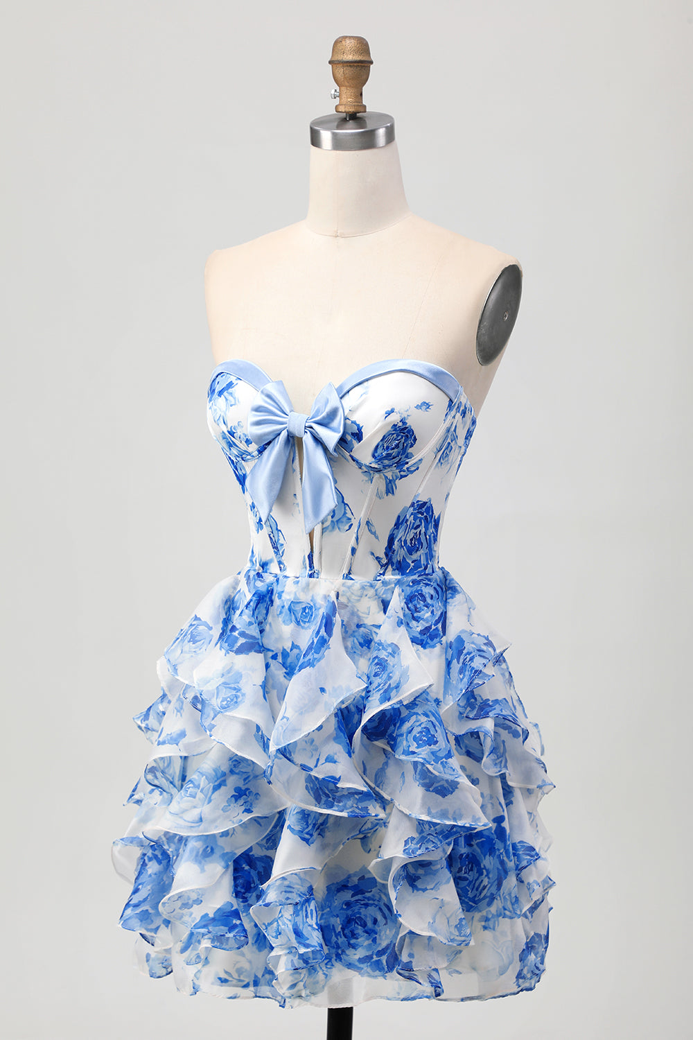 White and Blue Corset Floral Ruffled Short Homecoming Dress with Bow