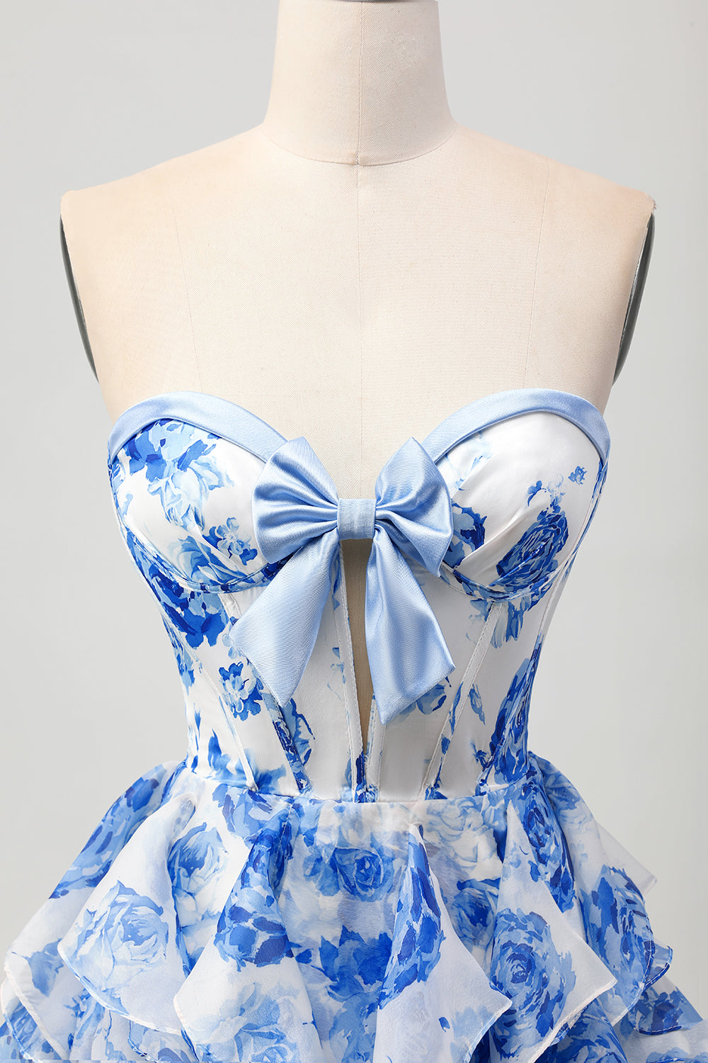 White and Blue Corset Floral Ruffled Short Homecoming Dress with Bow