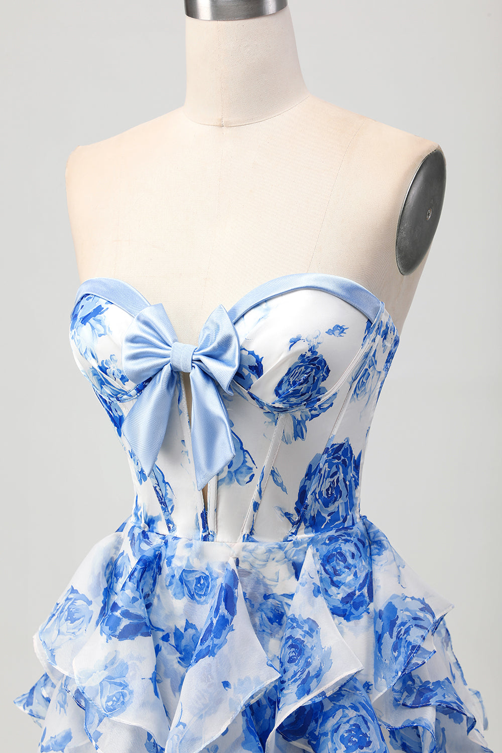 White and Blue Corset Floral Ruffled Short Homecoming Dress with Bow