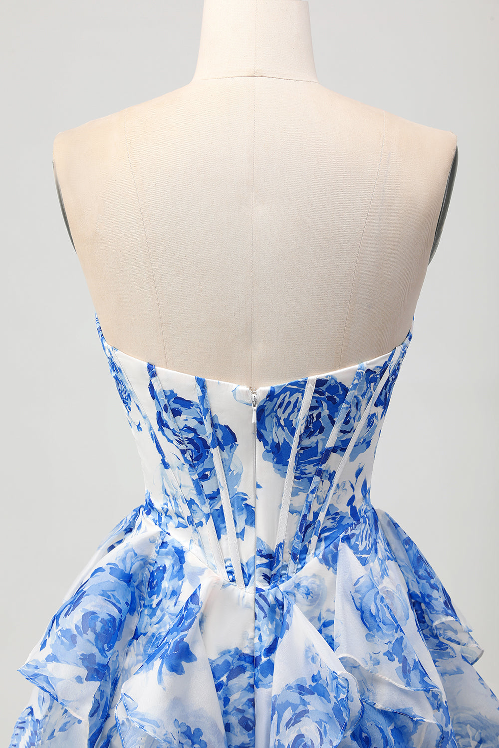 White and Blue Corset Floral Ruffled Short Homecoming Dress with Bow