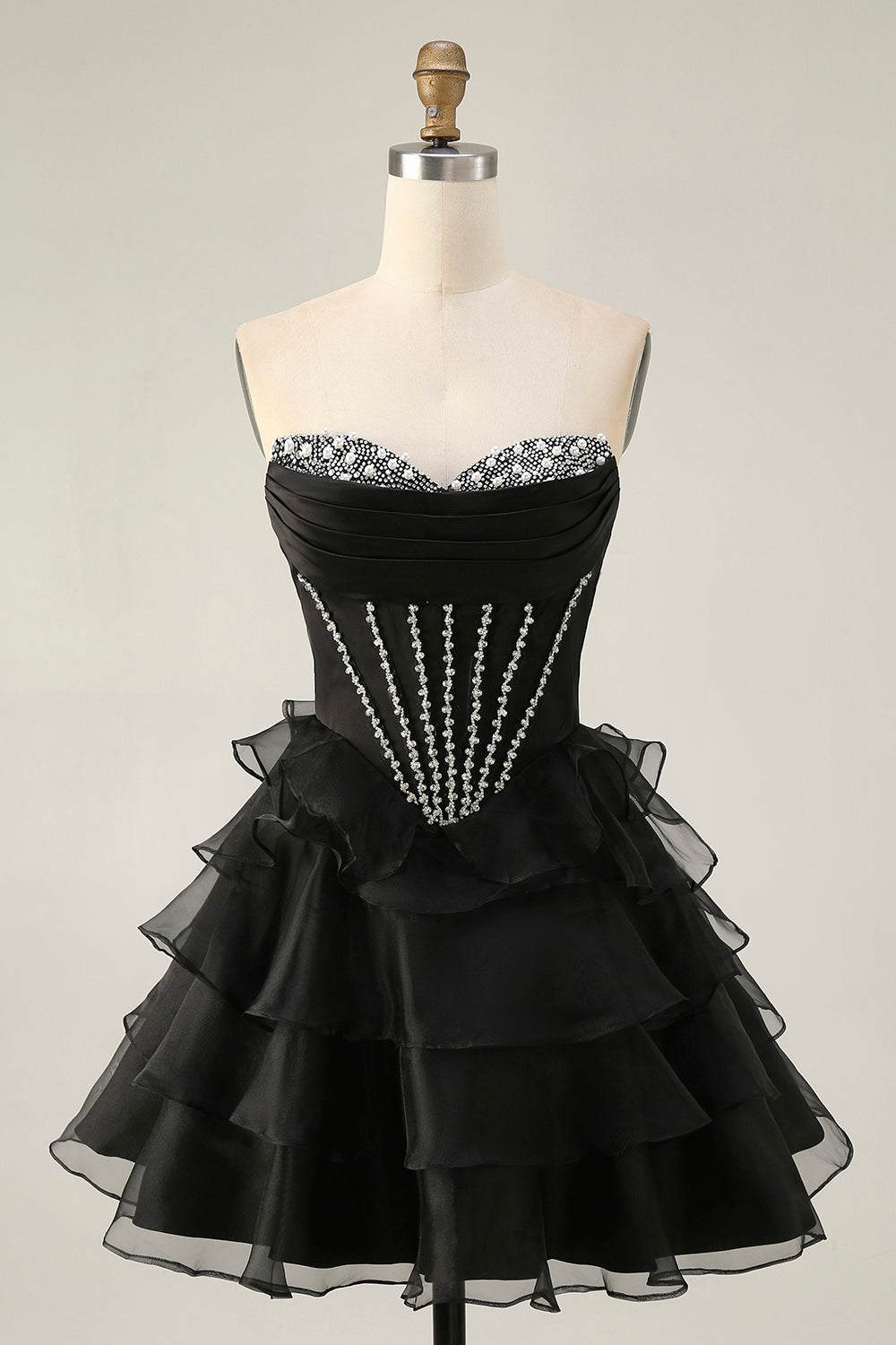 Sparkly Black Corset Tiered Short Homecoming Dress with Beading