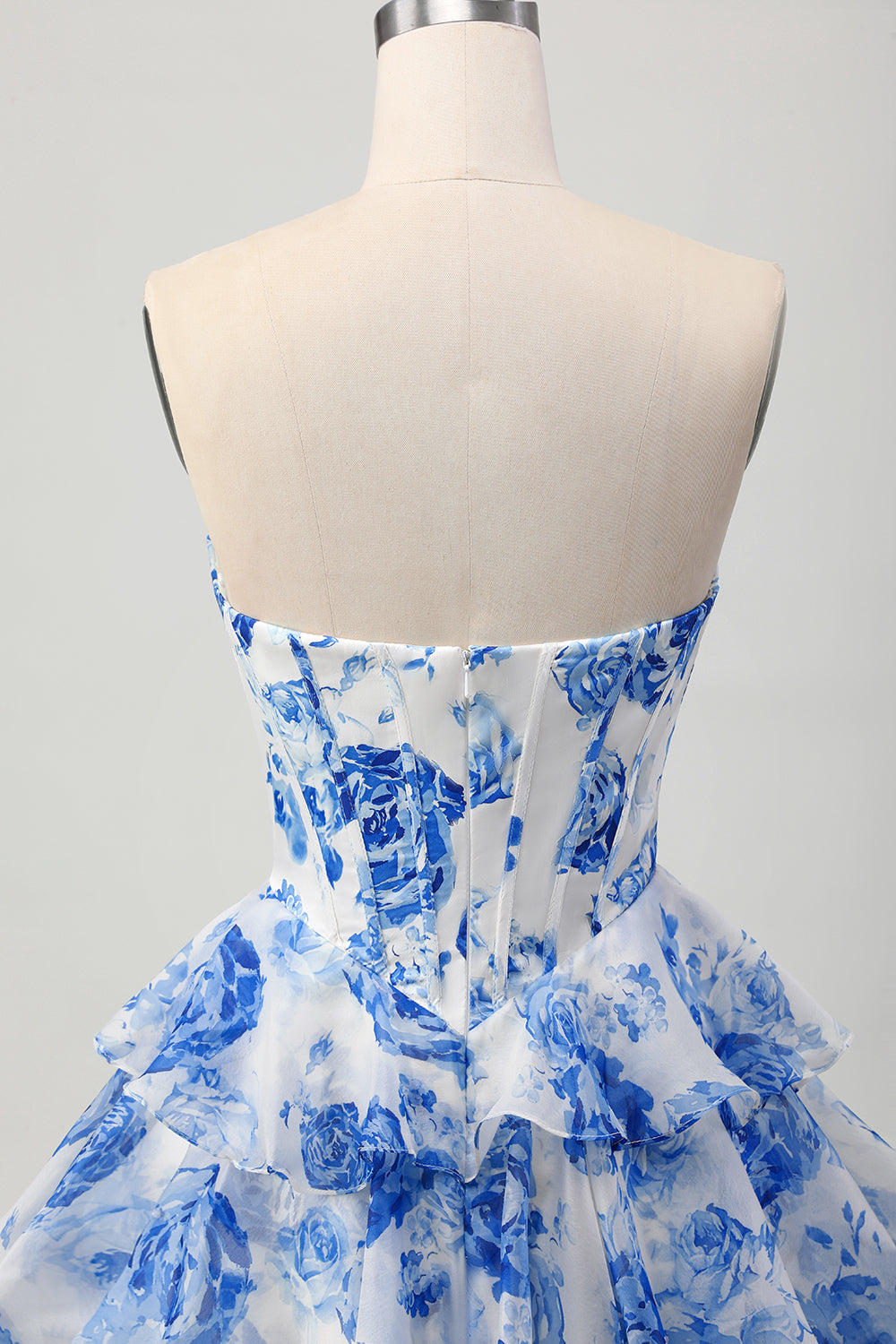 Sparkly White and Blue Floral Corset Short Homecoming Dress with Rhinestones