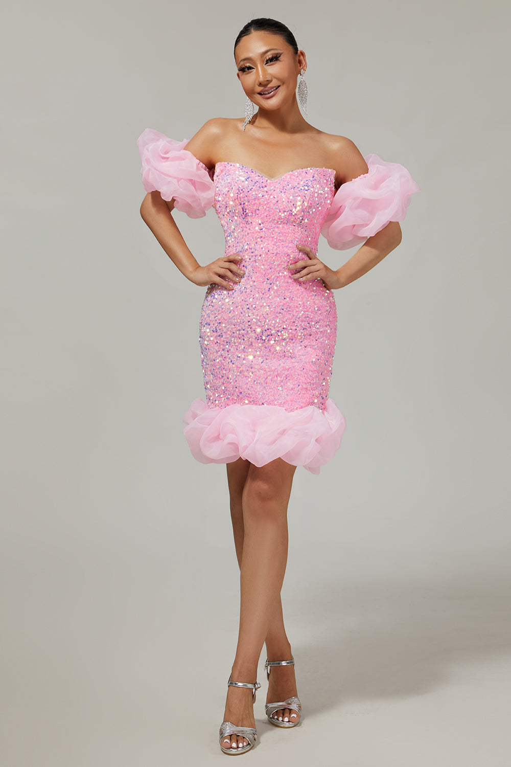 Sparkly Pink Sequins Detachable Puff Sleeves Tight Short Homecoming Dress