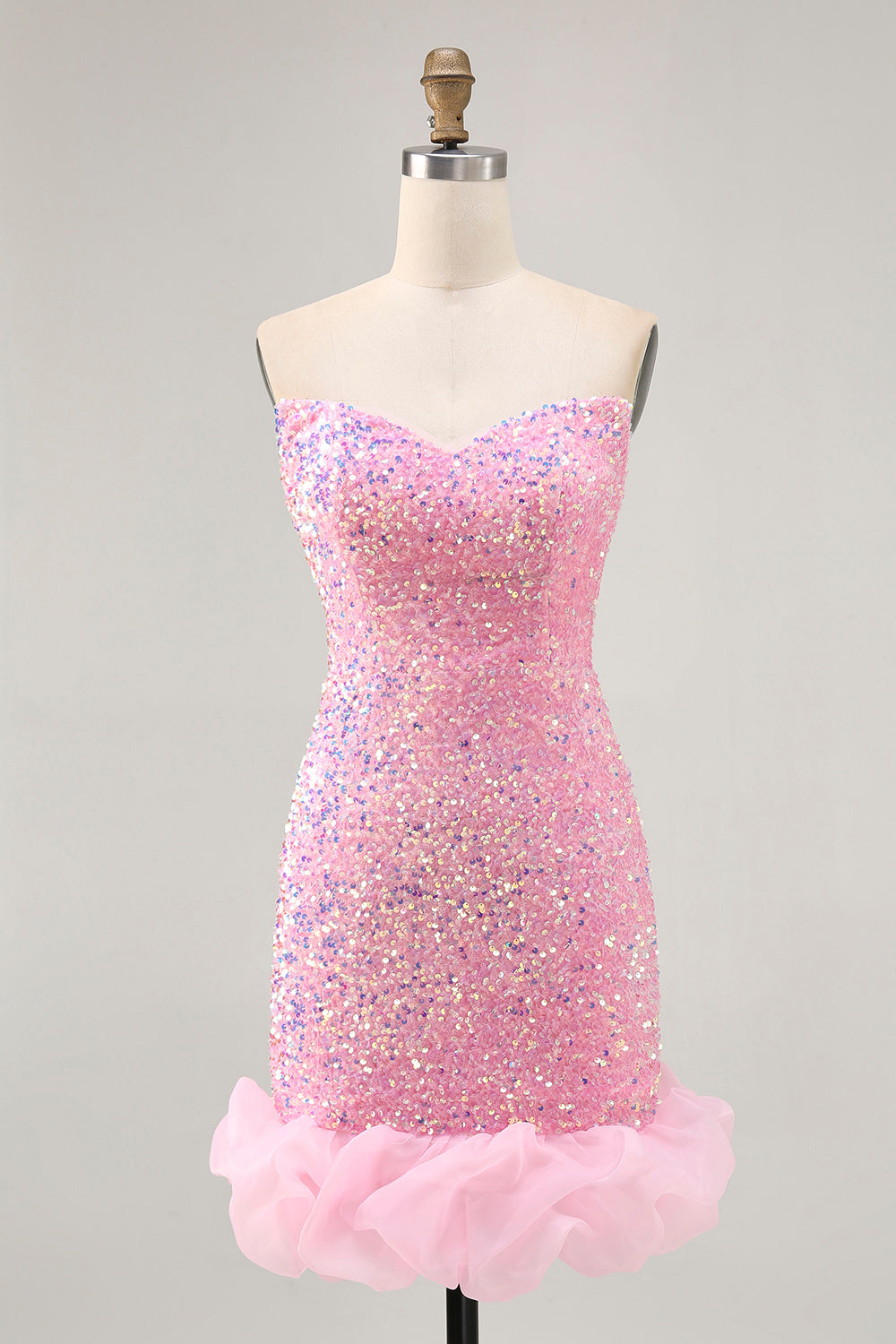 Sparkly Pink Sequins Detachable Puff Sleeves Tight Short Homecoming Dress