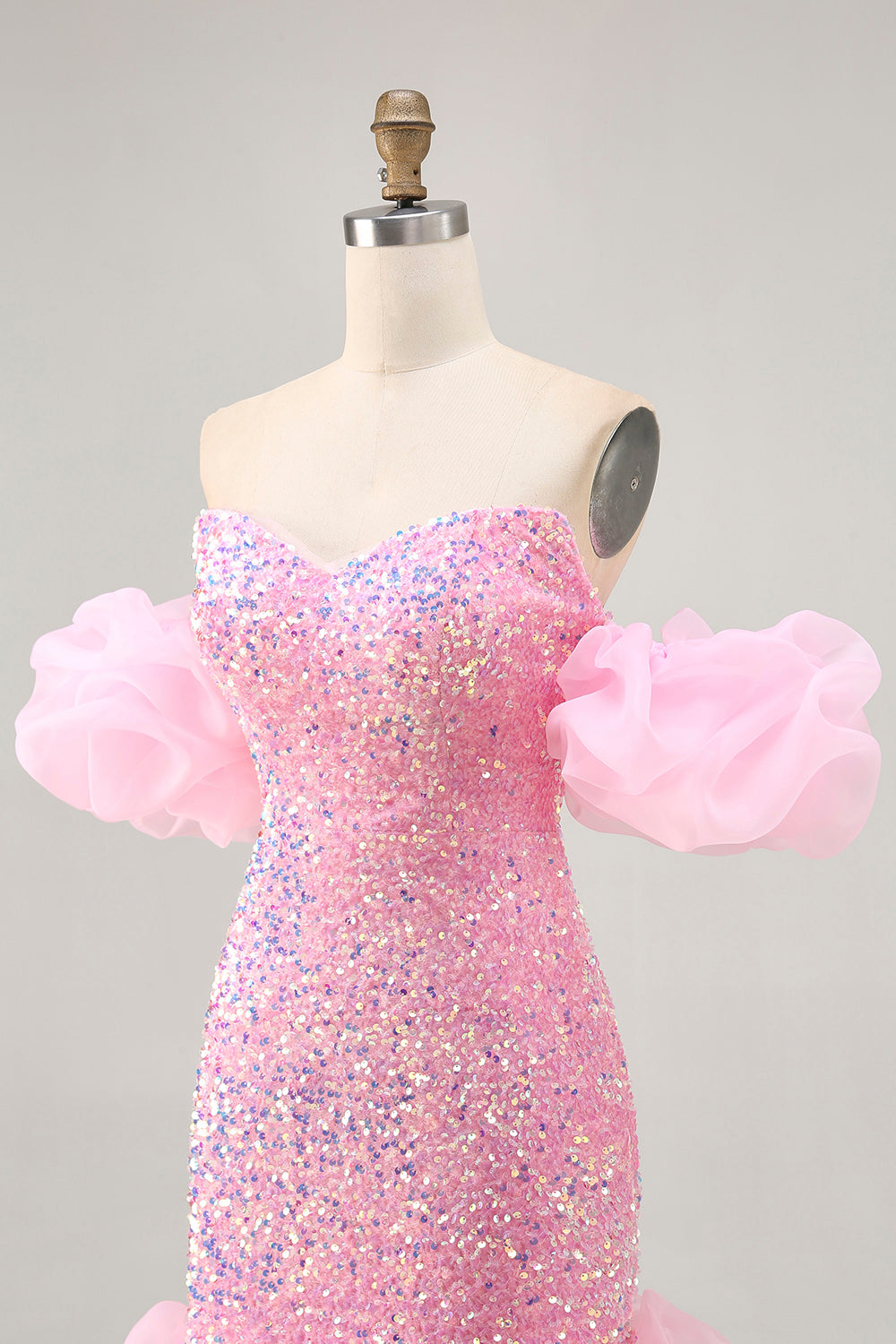 Sparkly Pink Sequins Detachable Puff Sleeves Tight Short Homecoming Dress