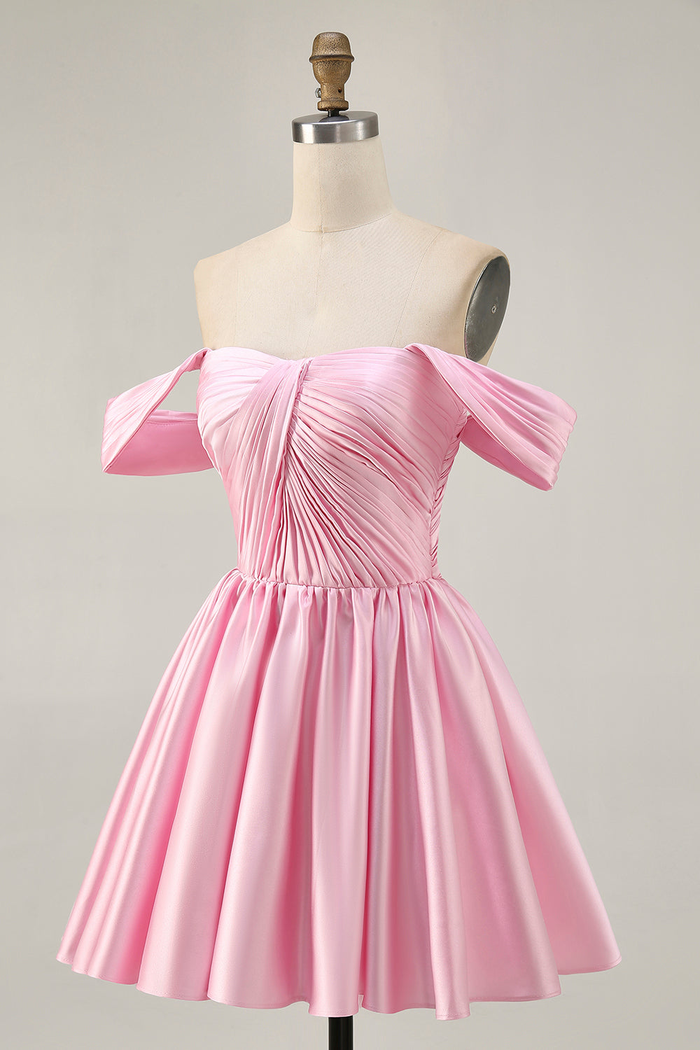Pink Off the Shoulder Satin A Line Short Homecoming Dress