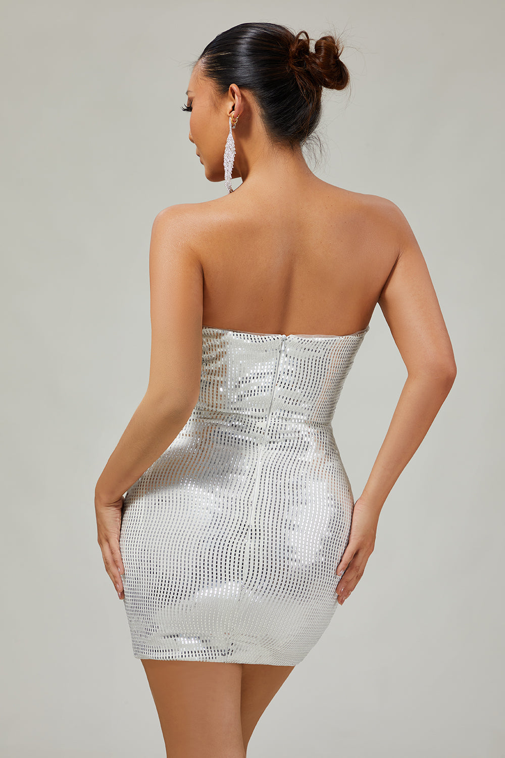 Sparkly White Silver Strapless Sequin Ruched Tight Short Homecoming Dress
