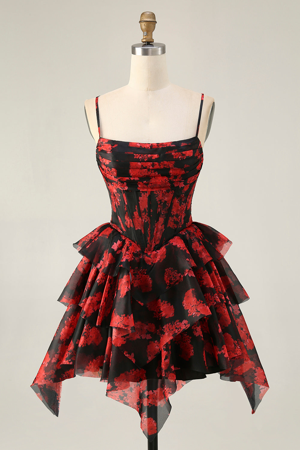 Black Red A Line Corset Short Tiered Homecoming Dress with Ruffles