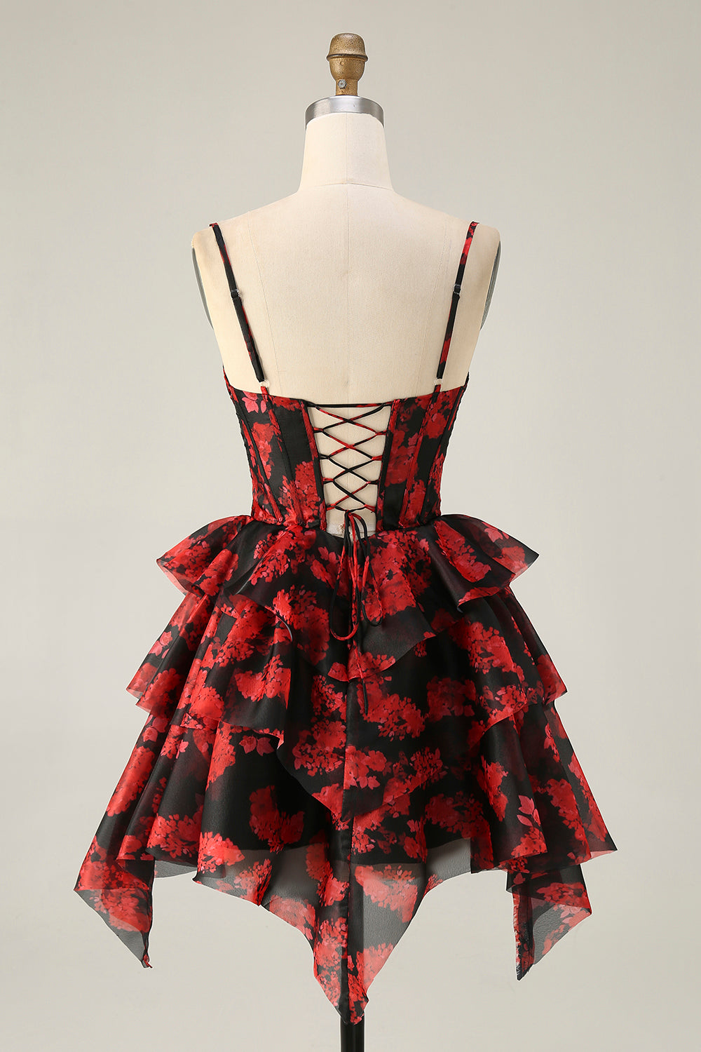 Black Red A Line Corset Short Tiered Homecoming Dress with Ruffles