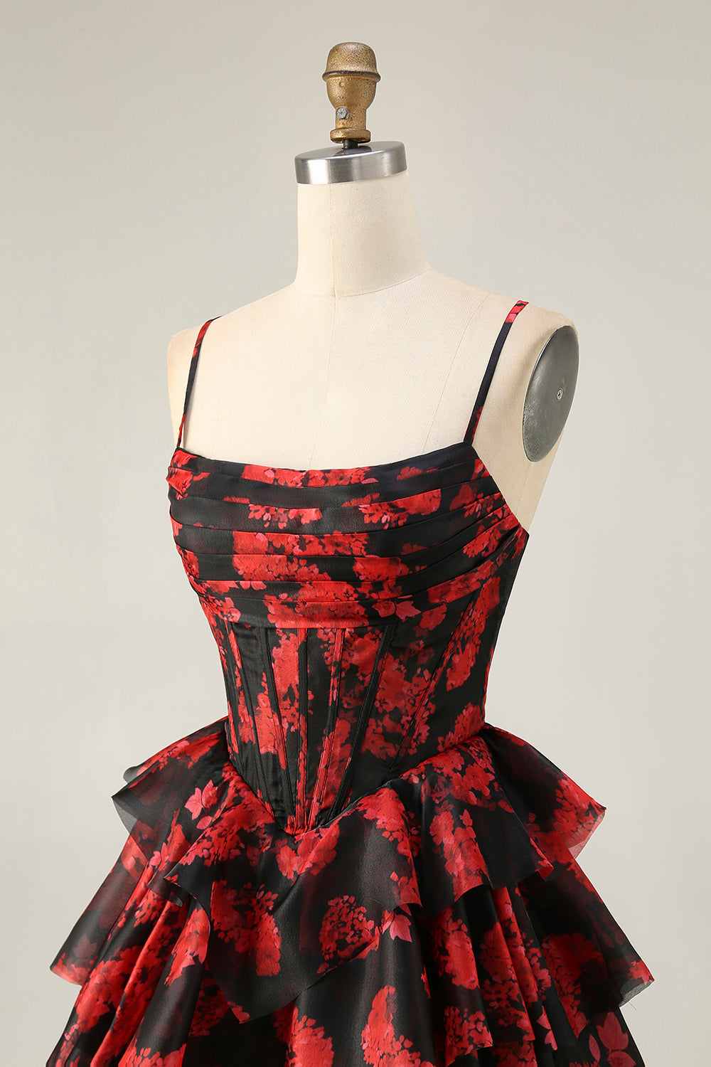Black Red A Line Corset Short Tiered Homecoming Dress with Ruffles