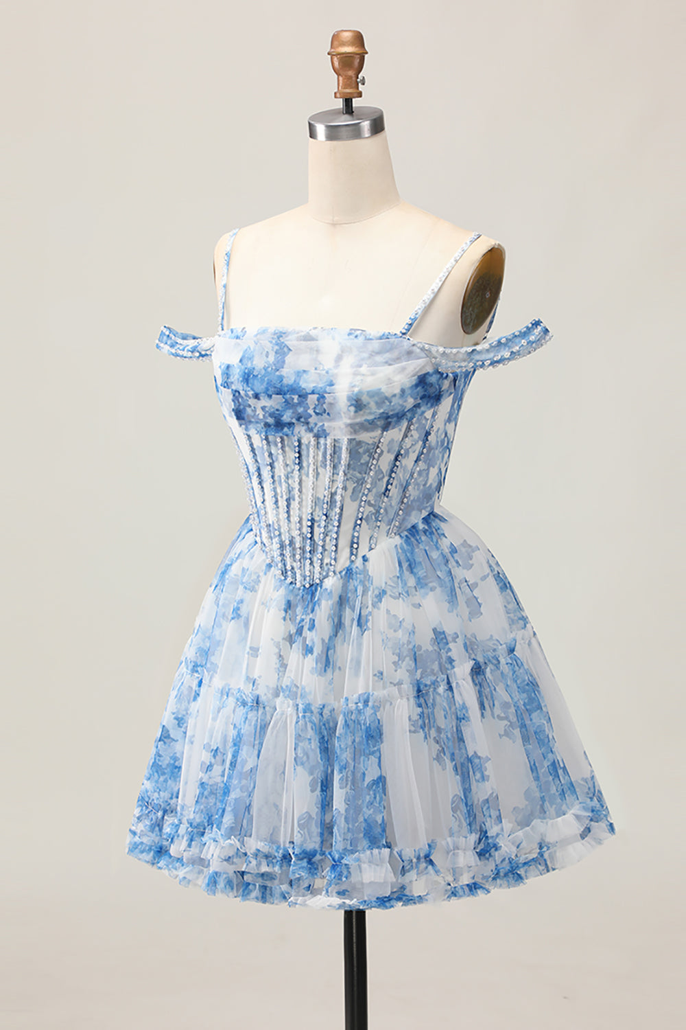 White Blue Flower Corset A Line Cold Shoulder Short Homecoming Dress