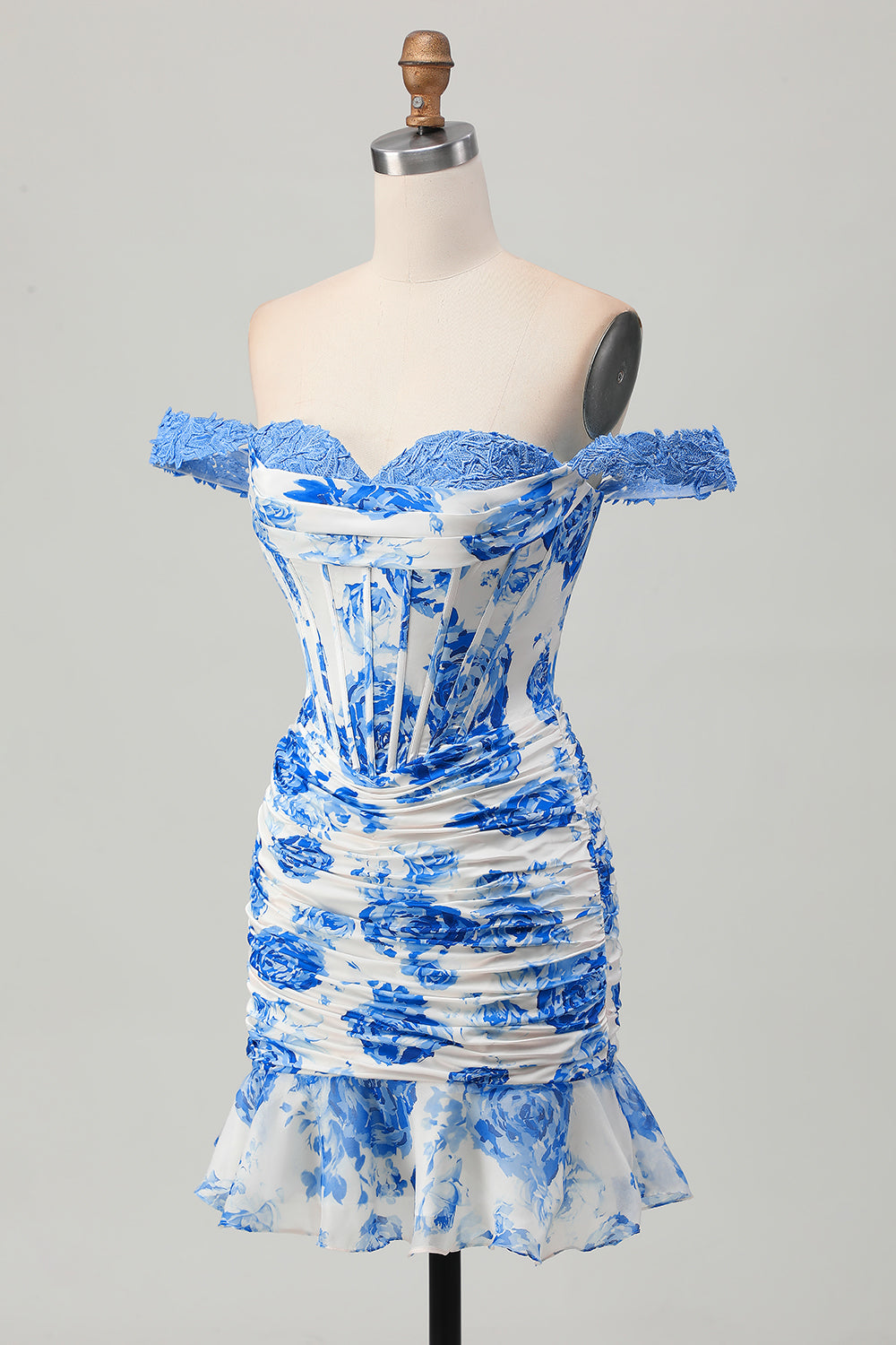 White and Blue Floral Corset Tight Short Homecoming Dress with Appliques