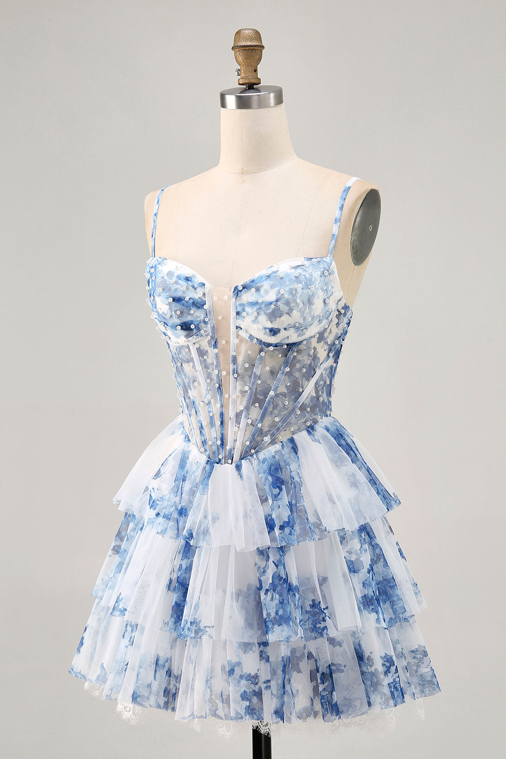 White and Blue Floral Ruffled Short Corset Homecoming Dress with Pearls
